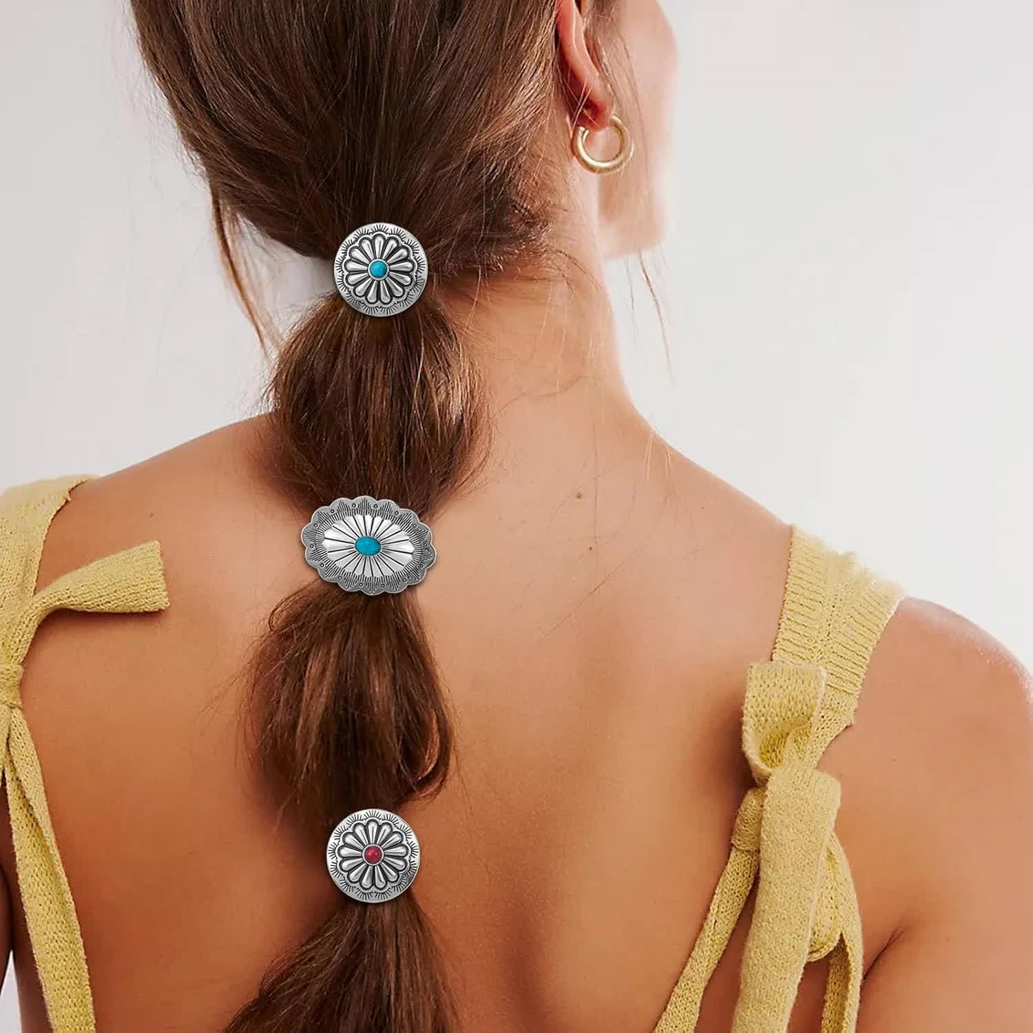 6 Pcs Western Ponytail Holders Metal Boho Hair Ties Flower Circular Hair Ropes Vintage Turquoise Concho Squash Blossom Hair Bands Decoration Accessories for — image 4