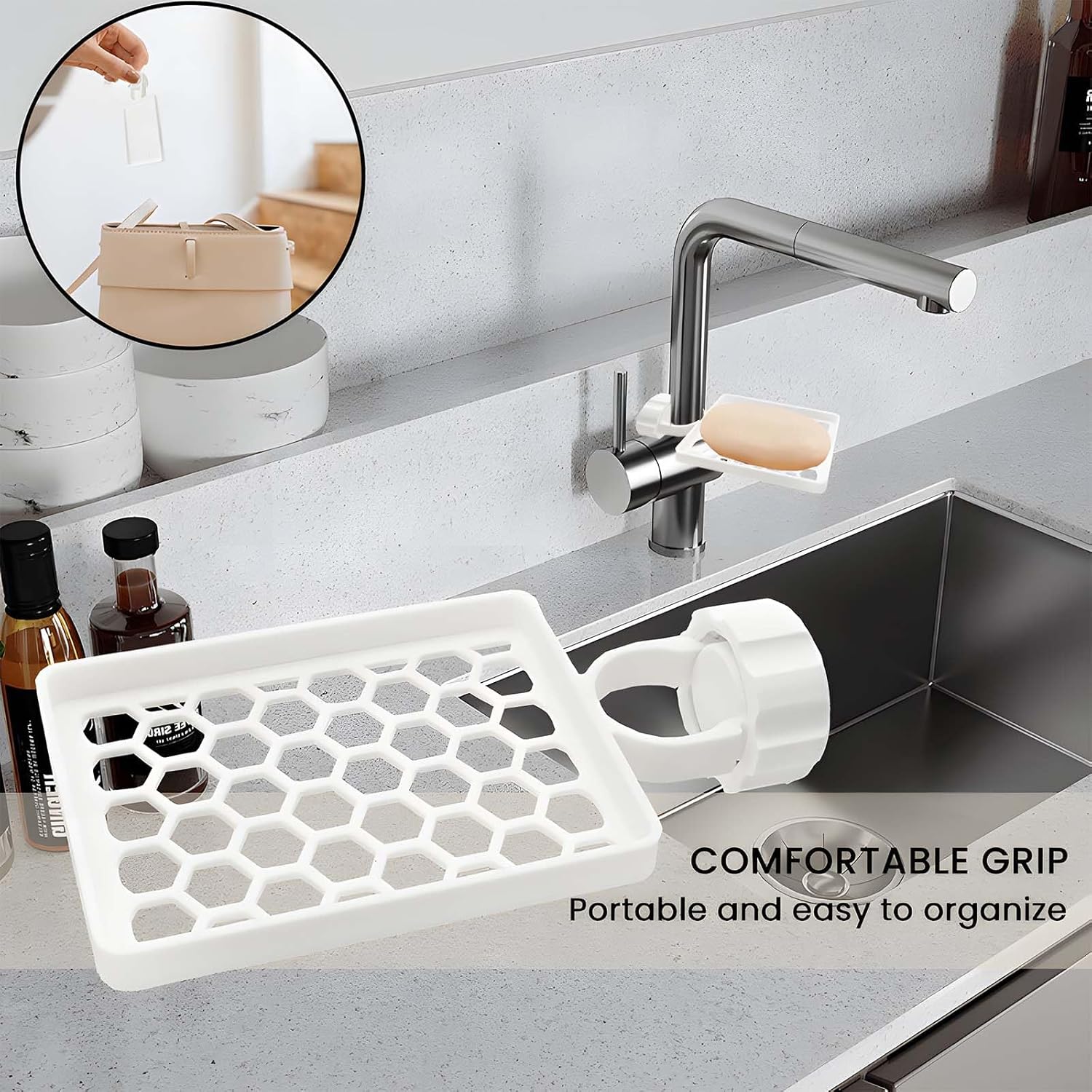 Set of two hangers, sponsor and sink organizer - drainage rack with clips - suitable for kitchens and bathrooms - reusable and removable - for holding soap and โ image 6