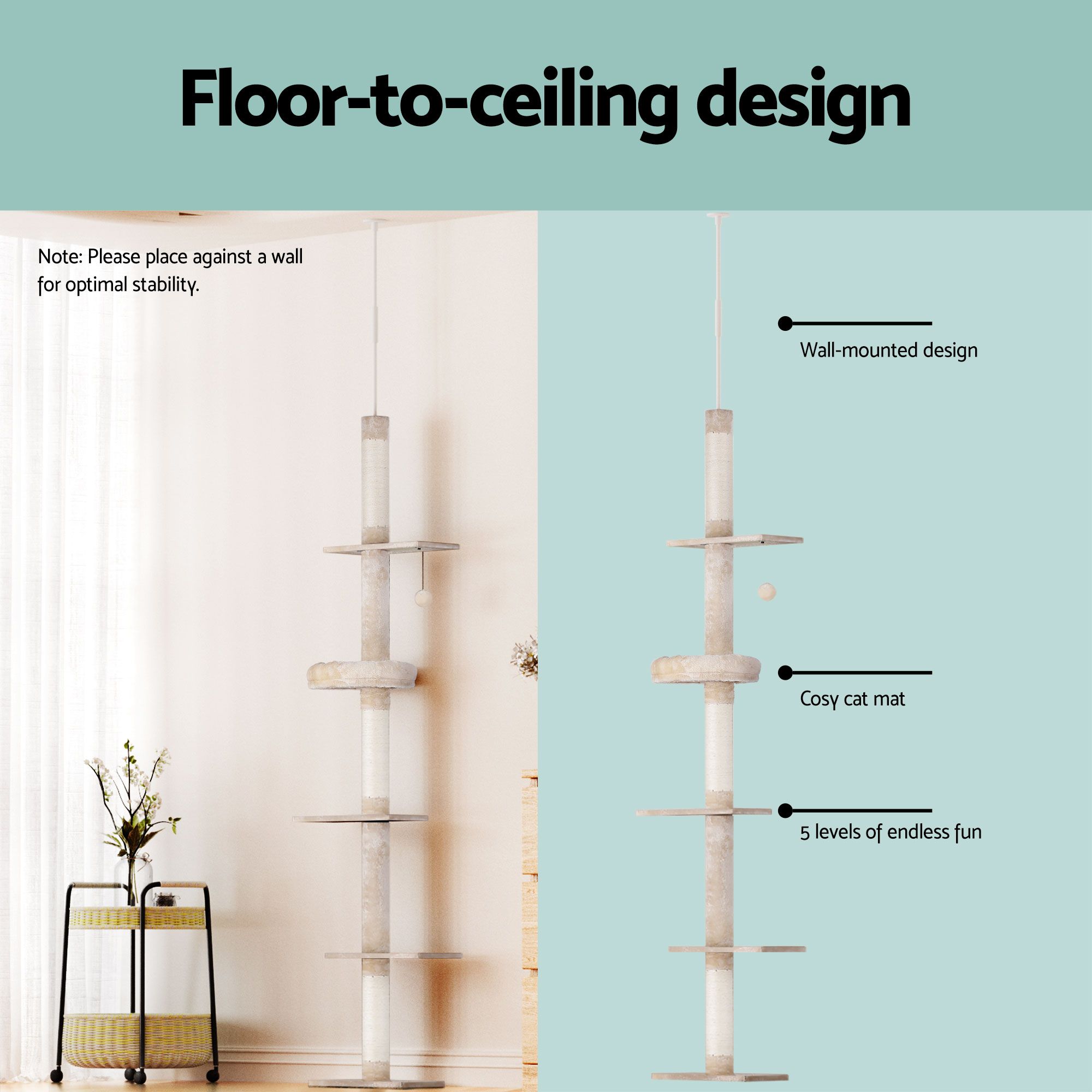 i.Pet Cat Tree 290cm Tower Scratching Cats Post Scratcher Floor to Ceiling Bed โ image 4