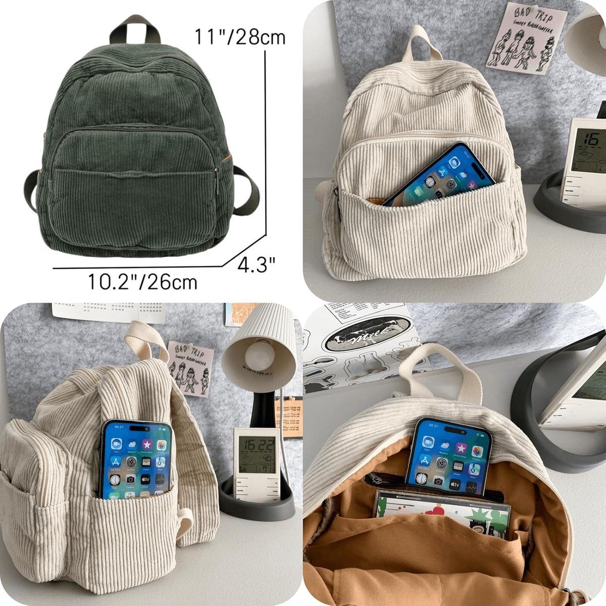 Small Corduroy Backpack for Women and Men, Lightweight Casual Daypack with Storage Pockets for School, Work and Travel, Red — image 5