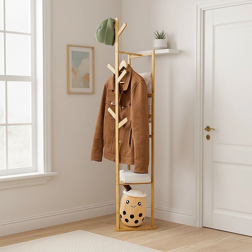 Clothes Coat Rack Garment Stand Shelf Wooden Tree Hanger Bag Hat Hook Holder — image 2