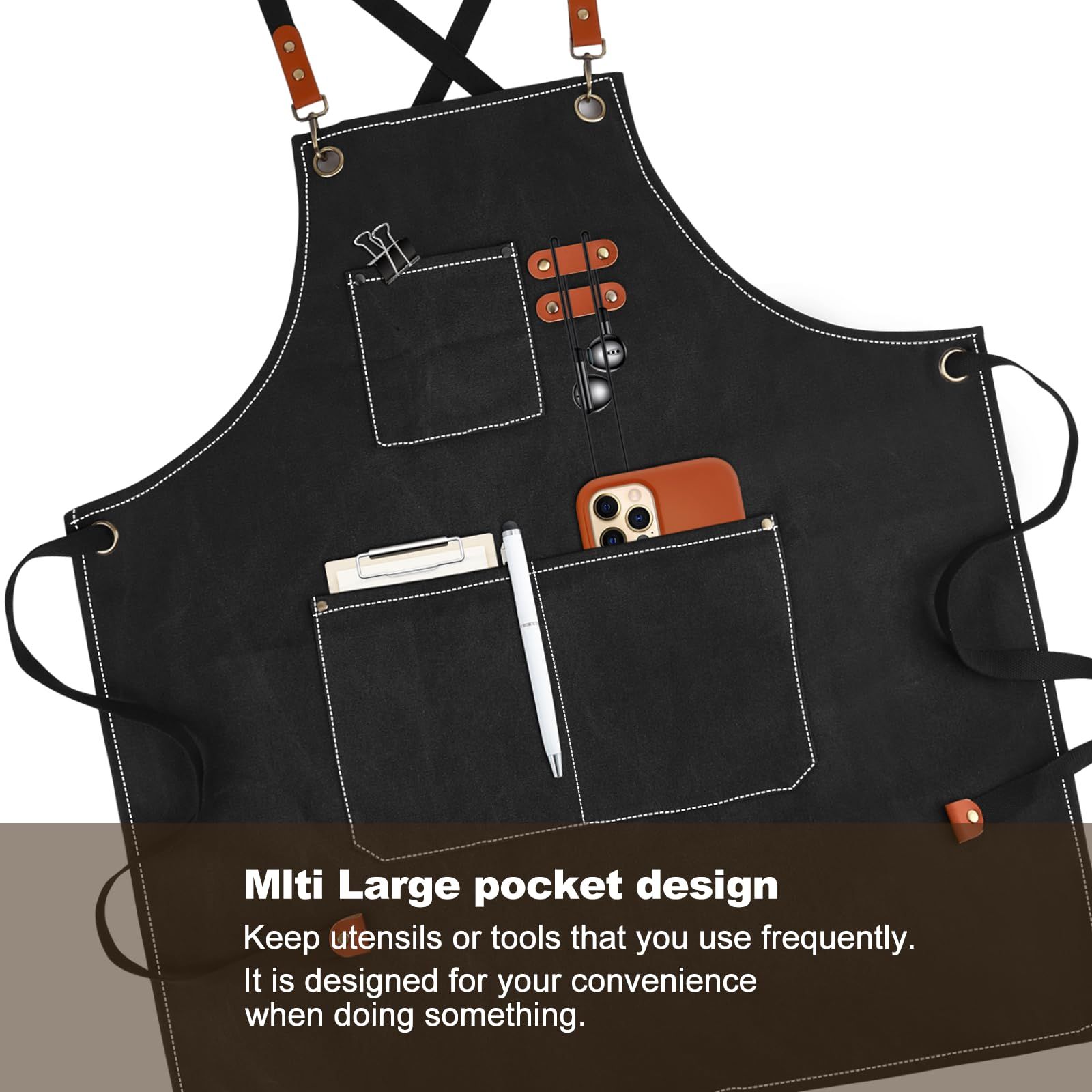 Cross-Back Chef Aprons for Men Women with Pockets,Cotton Canvas Adjustable Cooking Work Apron for Kitchen โ image 3