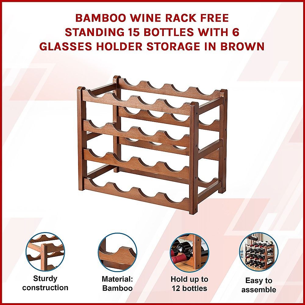 Bamboo Wine Rack Free Standing 15 Bottles with 6 Glasses Holder Storage in Brown โ image 3