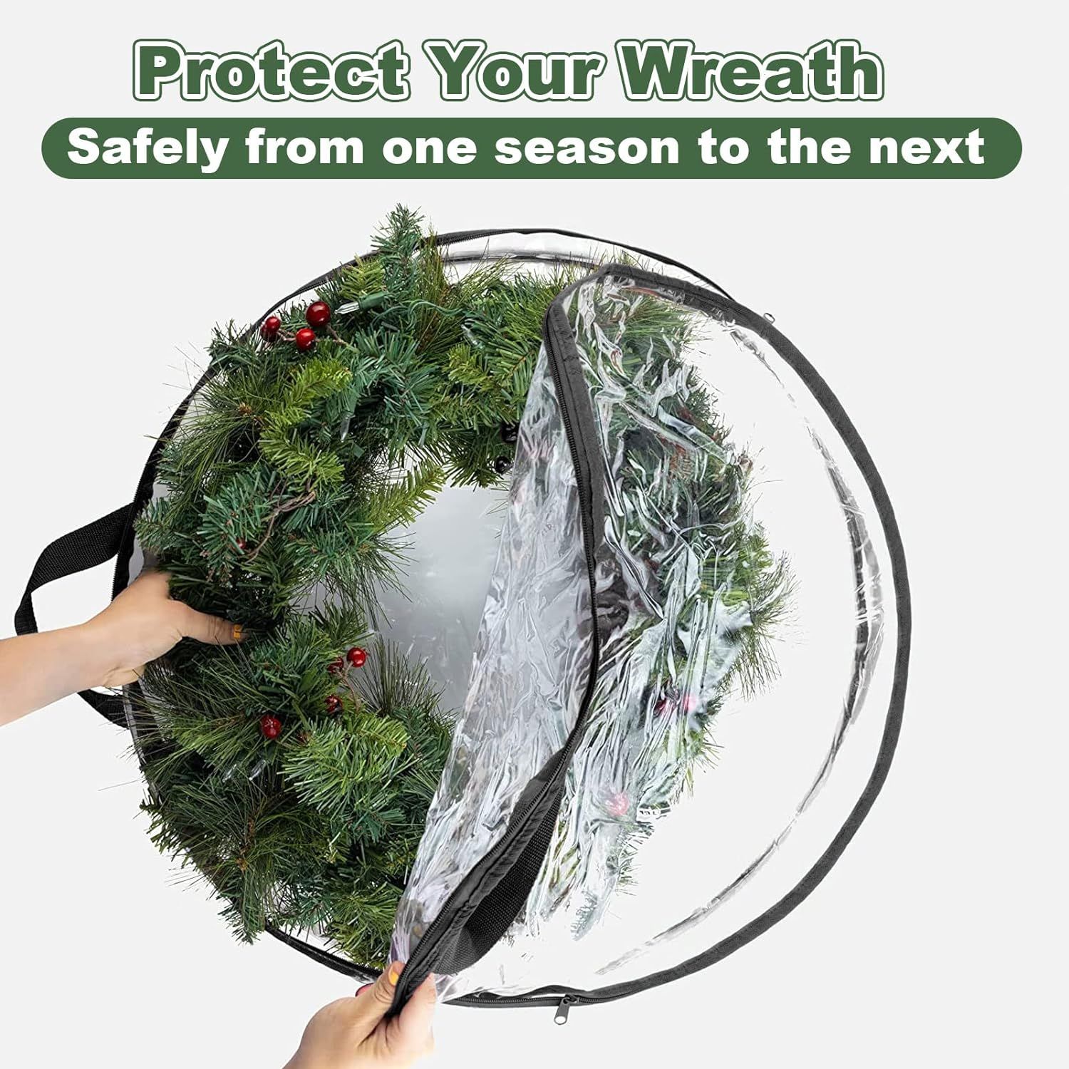 4 PCS Clear Wreath Storage Bag, 24x8 Inch Christmas Wreath Storage Container, Heavy Duty PVC Wreath Protector with Handle (Black) — image 3