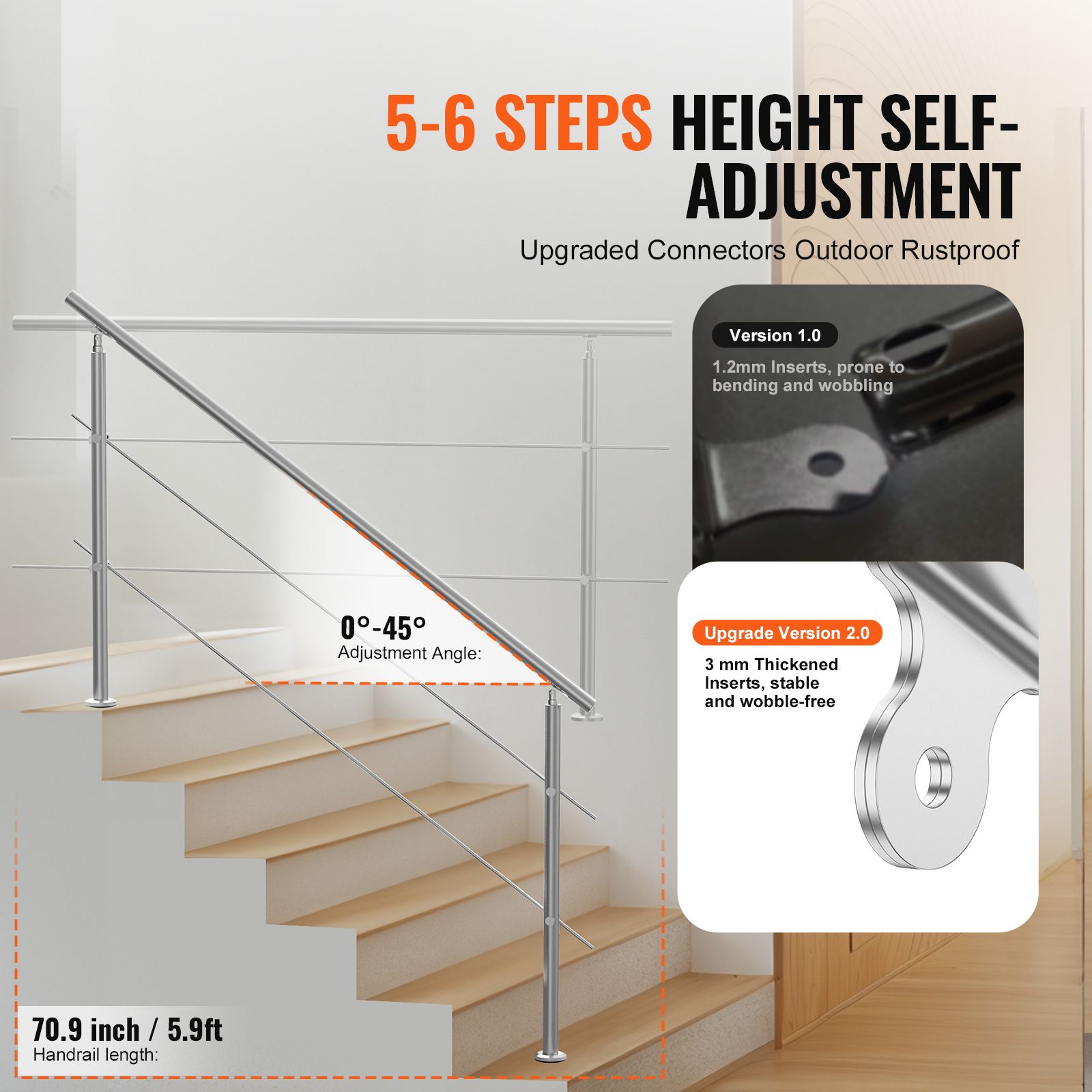 Handrails for Outdoor Steps, 70.9in Length 2 Crossbars Stair Hand Rail Kit, Transitional Stainless Steel Railings w/ Installation Kit, Double-column โ image 3