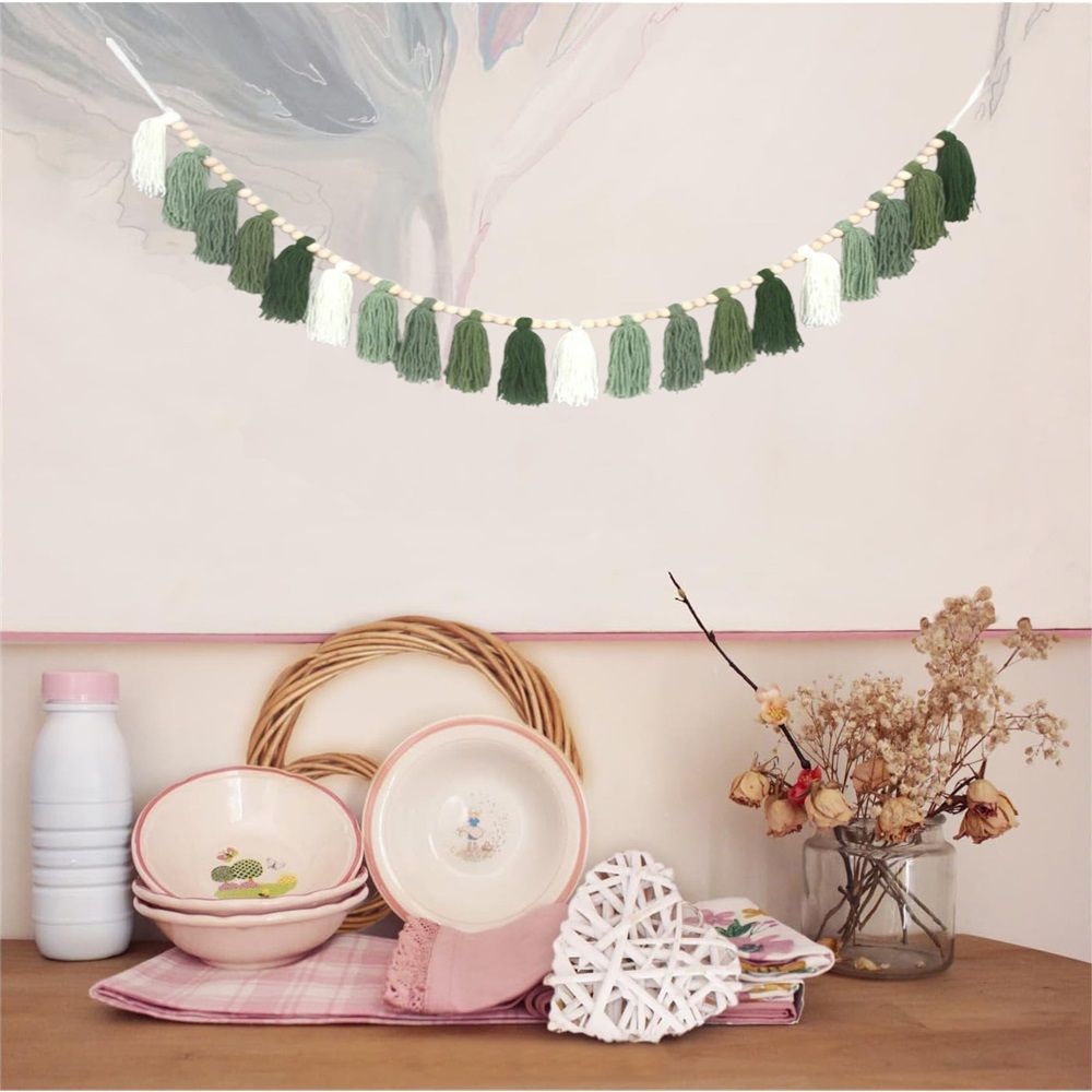 Green Tassel Wall Hanging Decor Forest Woodland Tassel Banner with Beads for Nursery Classroom Office Birthday Party Kids Room Baby Shower Decoration — image 2