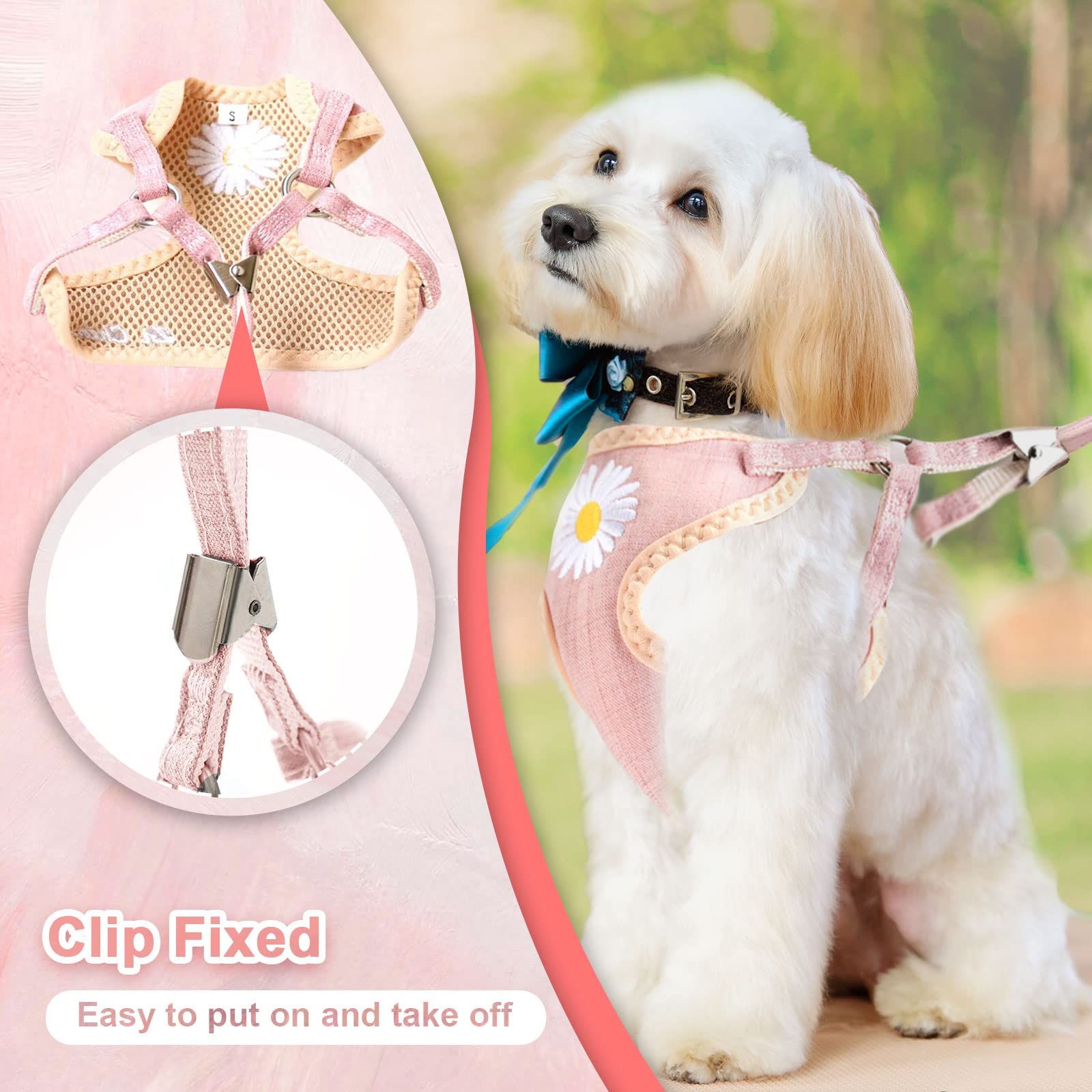 Cute Small Dog Harness and Leash Set with Bags No Pull Daisy Dog Vest Harness Soft Breathable Mesh Puppy Dog Harness (Pink, Small) — image 3