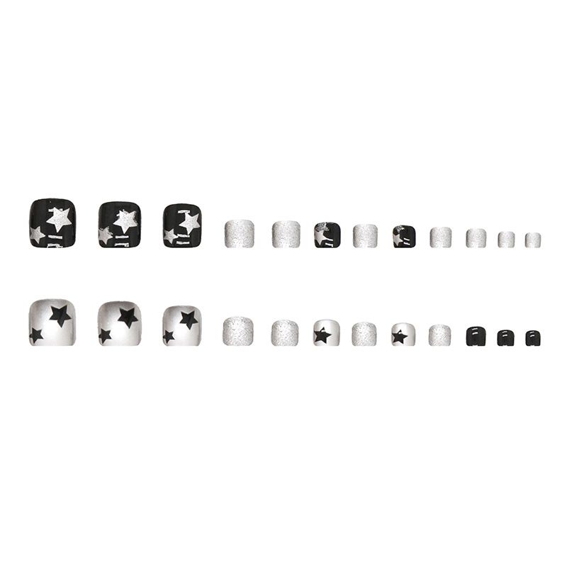Short Press on Toenails Square False Toenails Black silver Fake Toe Nails Stars Designs Glue on Toenails Full Cover Stick 24Pcs — image 5