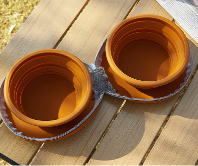 Brown Portable Collapsible Double Pet Bowls for Dogs and Cats - 2x 450ml Food Grade Silicone Travel Feeder with Zippered Paw Carrying Case - Lightweight
