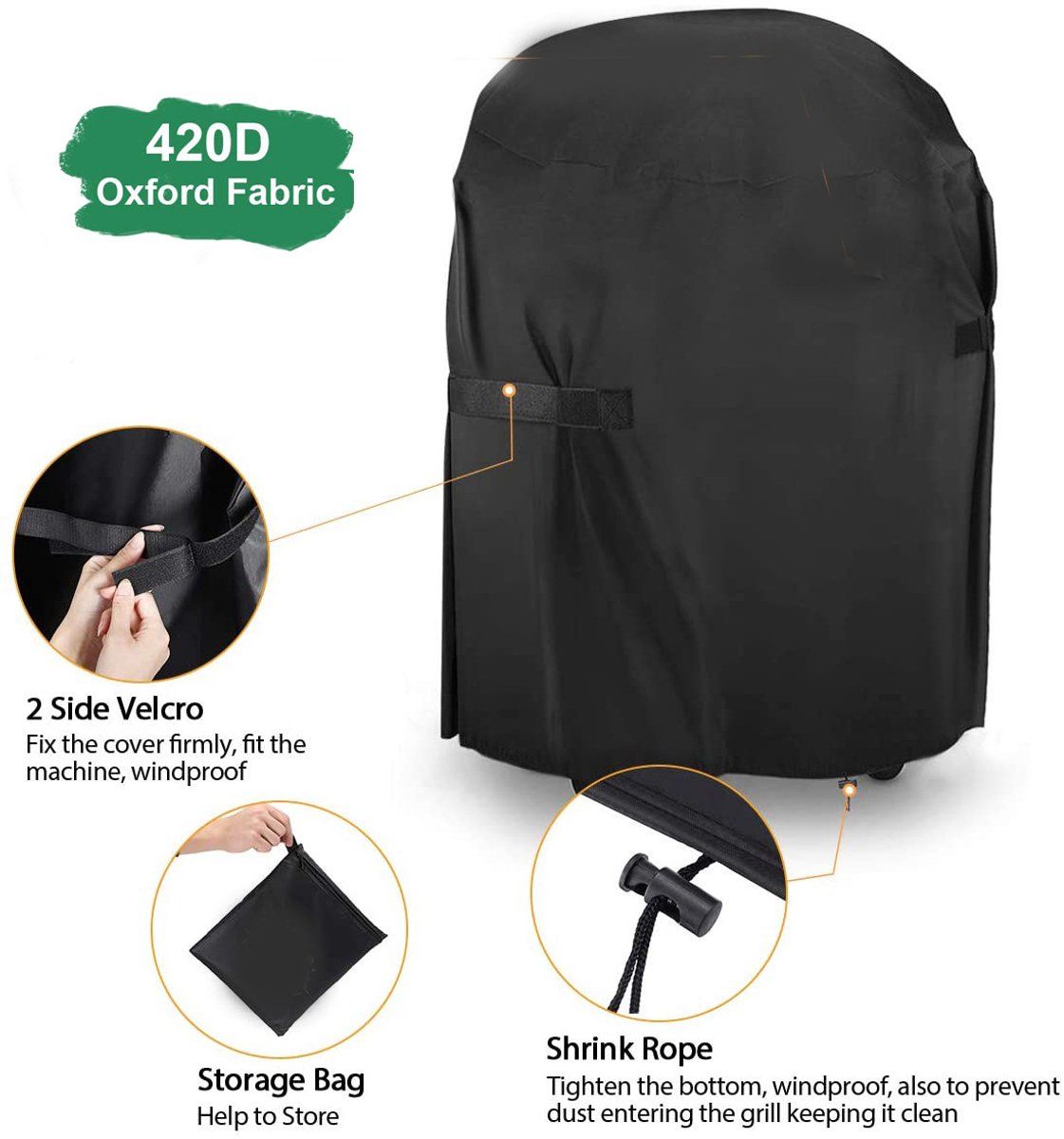 Barbecue Cover, BBQ Cover, Waterproof, 420D Gas Grill, With Adjustable Cord, UV Protection, Windproof, Round Dustproof 77 × 90 cm — image 2
