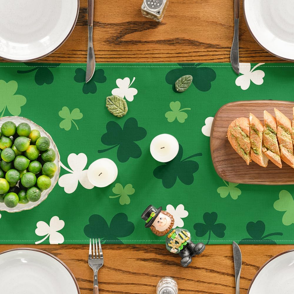 Green Shamrock St. Patrick's Day Table Runner, Seasonal Spring Kitchen Dining Table Decoration for Home Party Decor 13x72 Inch — image 4