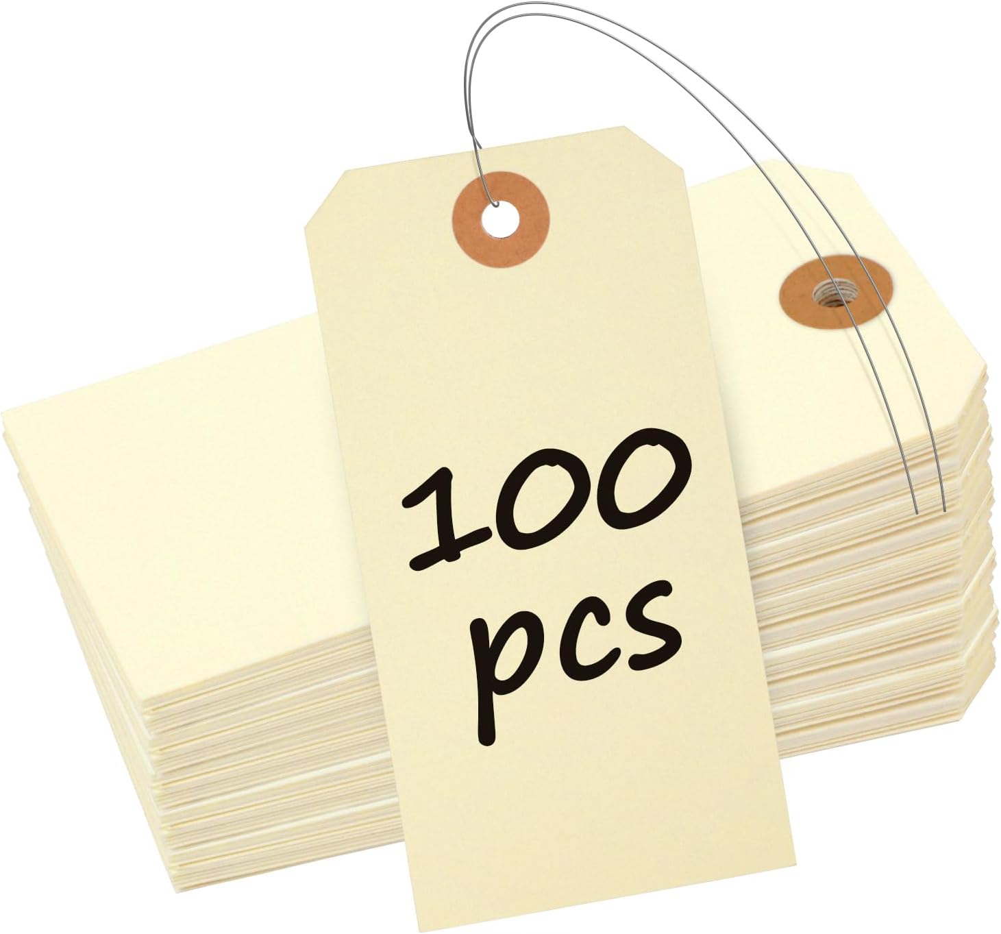 100 Pcs Manila Tags Blank Shipping Tag with Wire Attached 4.7 Inch Paper Hang Tag with Reinforced Eyelet Large Marking Writable Price Tags Inventory Label