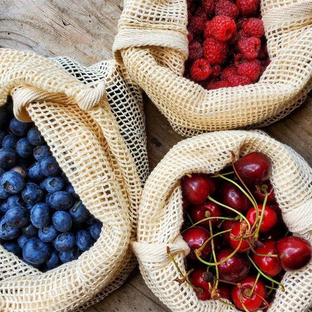 Reusable Cotton Mesh Produce Bags Organic Cotton, Durable, Double Stitched, Washable with Tare Weight & Drawstring - Mesh Bags for Grocery Shopping, Vegetables β image 3