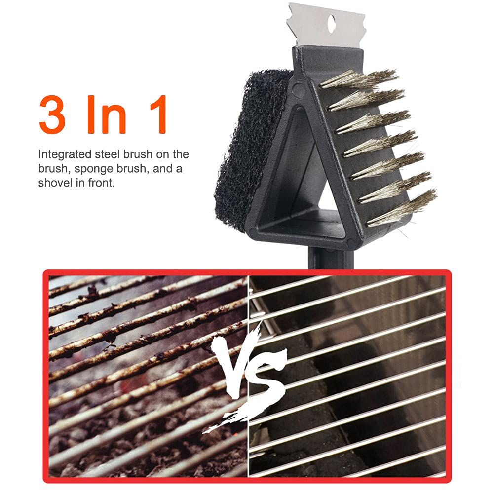 3 in 1 Barbecue Grill Brush and Scraper Long Handle Stainless Steel Bristles for Gas Infrared Charcoal Porcelain Grills(black) — image 4