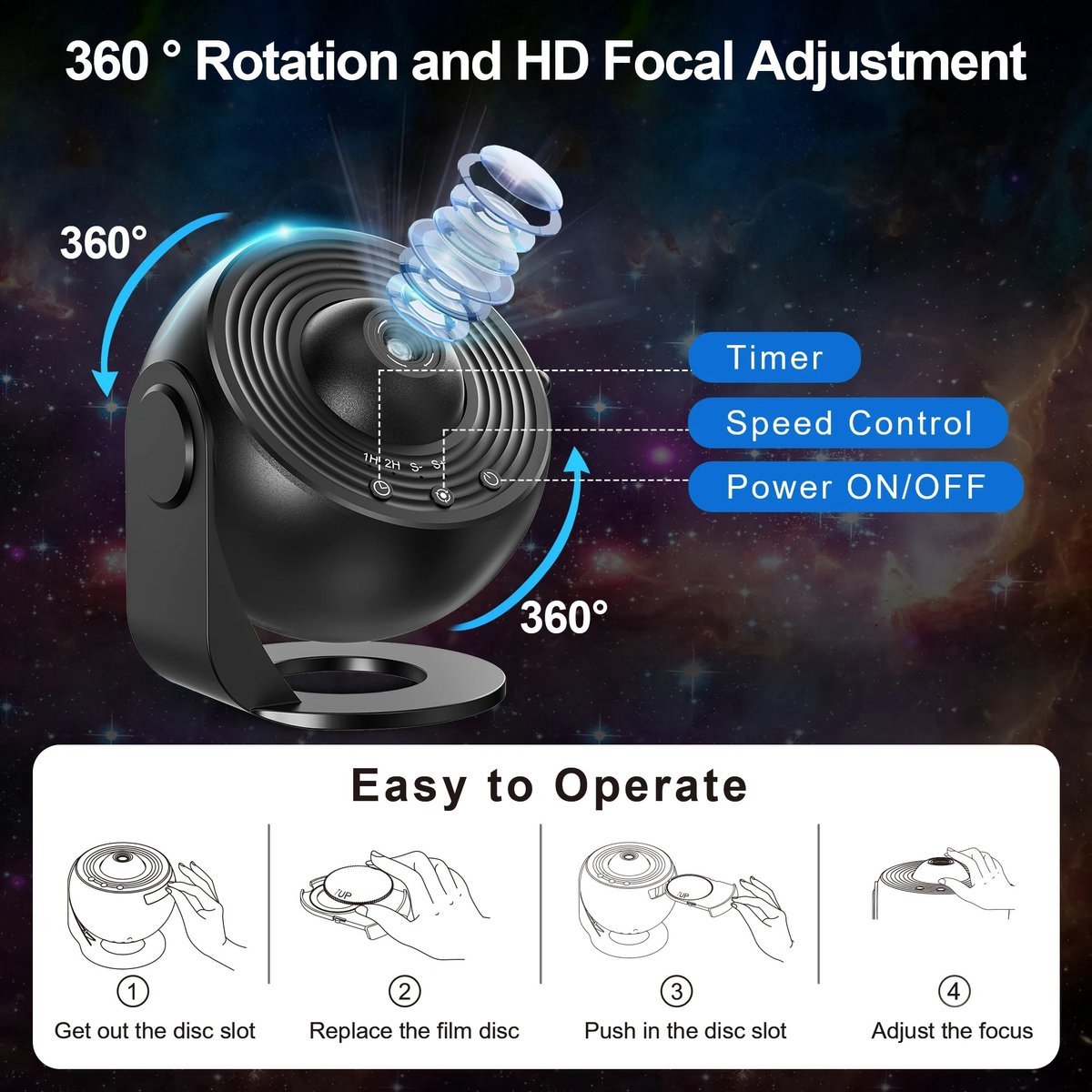 360° Starry Sky Night Projector with Solar System, Moon, Nebula, Galaxy, and Astronaut - Projector for Children and Adults - Mood Light - Bedroom Mood Light — image 6