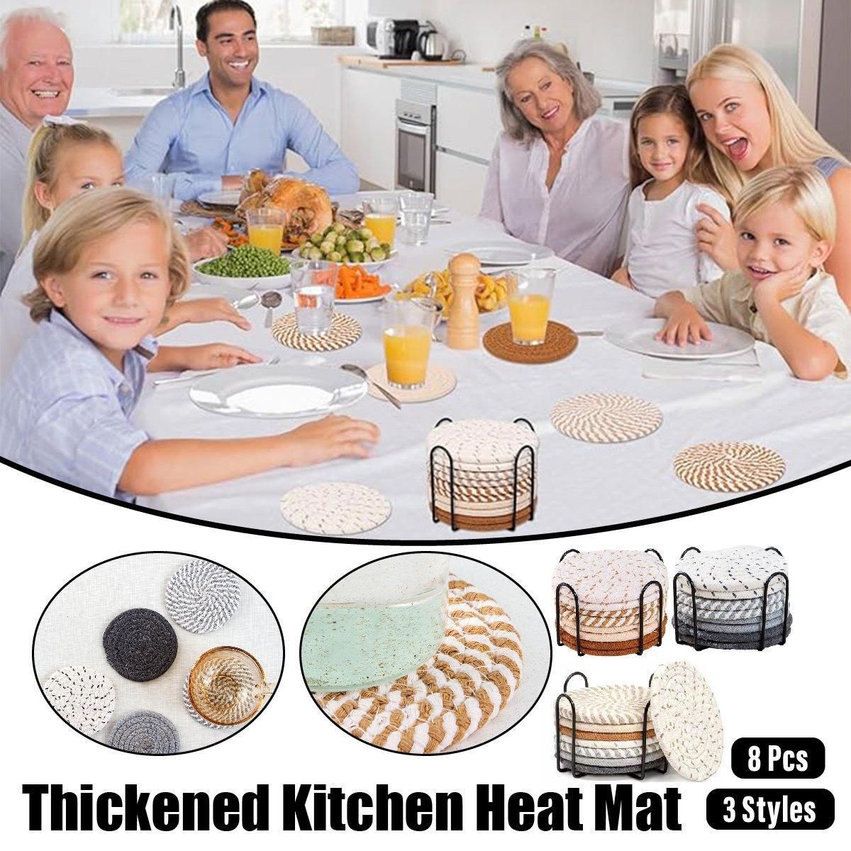 8PCS Round Cotton Woven Coaster Heat Resistant Thick Insulation Dining Table Mat - Grey β image 2