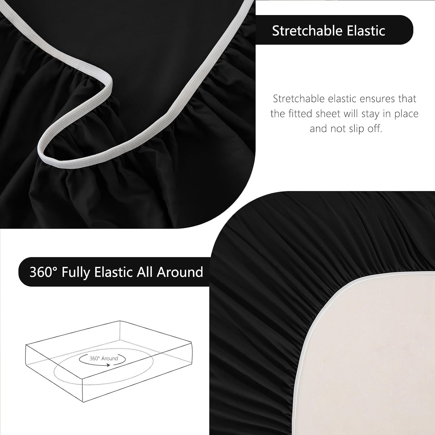 Hotel Soft Bed Sheet Set- Bedding Sheets & Pillowcases -Breathable Bedding - Wrinkle, Fade, Stain Resistant-Deep Pocket Flat Fitted Bed Sheet Set(Black,King) — image 6