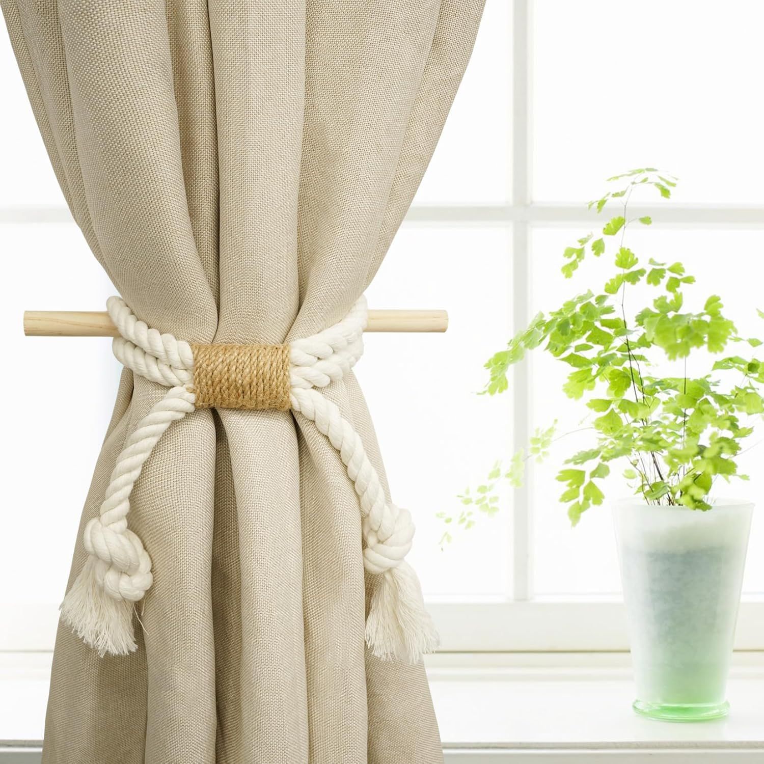 Curtain Tiebacks Rustic Holdbacks for Drapes, Farmhouse Tie Backs for Curtains, Cotton Jute Rope with Wood Club, Natural Boho Decor Shabby Chic Drapery — image 2