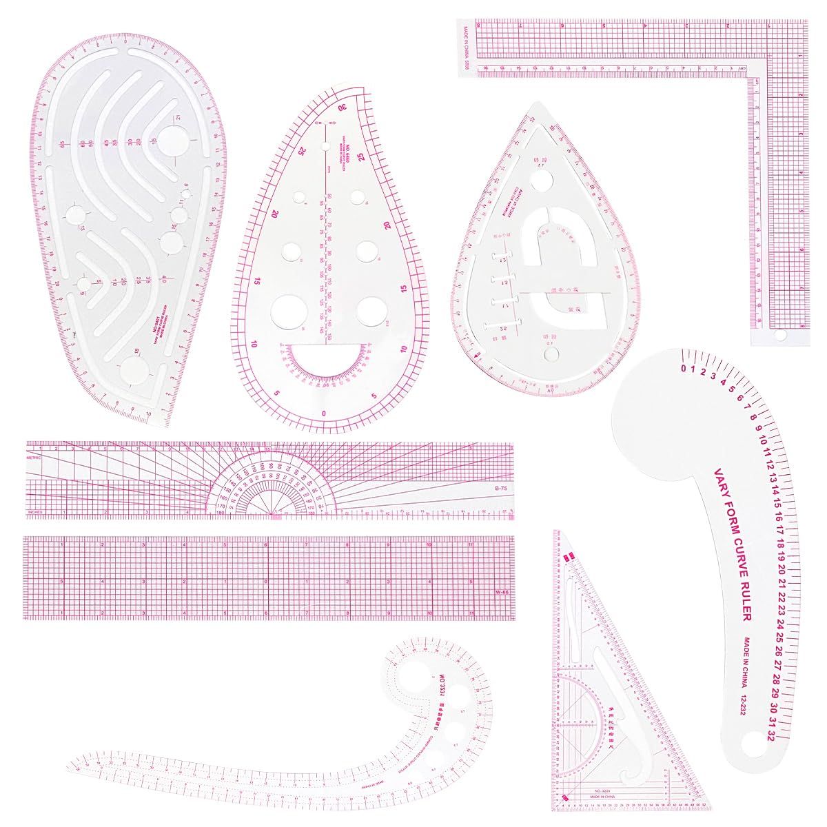 9 Piece Clear Metric Sewing Ruler Set, French Curves and Pattern Making Templates for Fashion Design, Tailoring, Drafting and Crafts