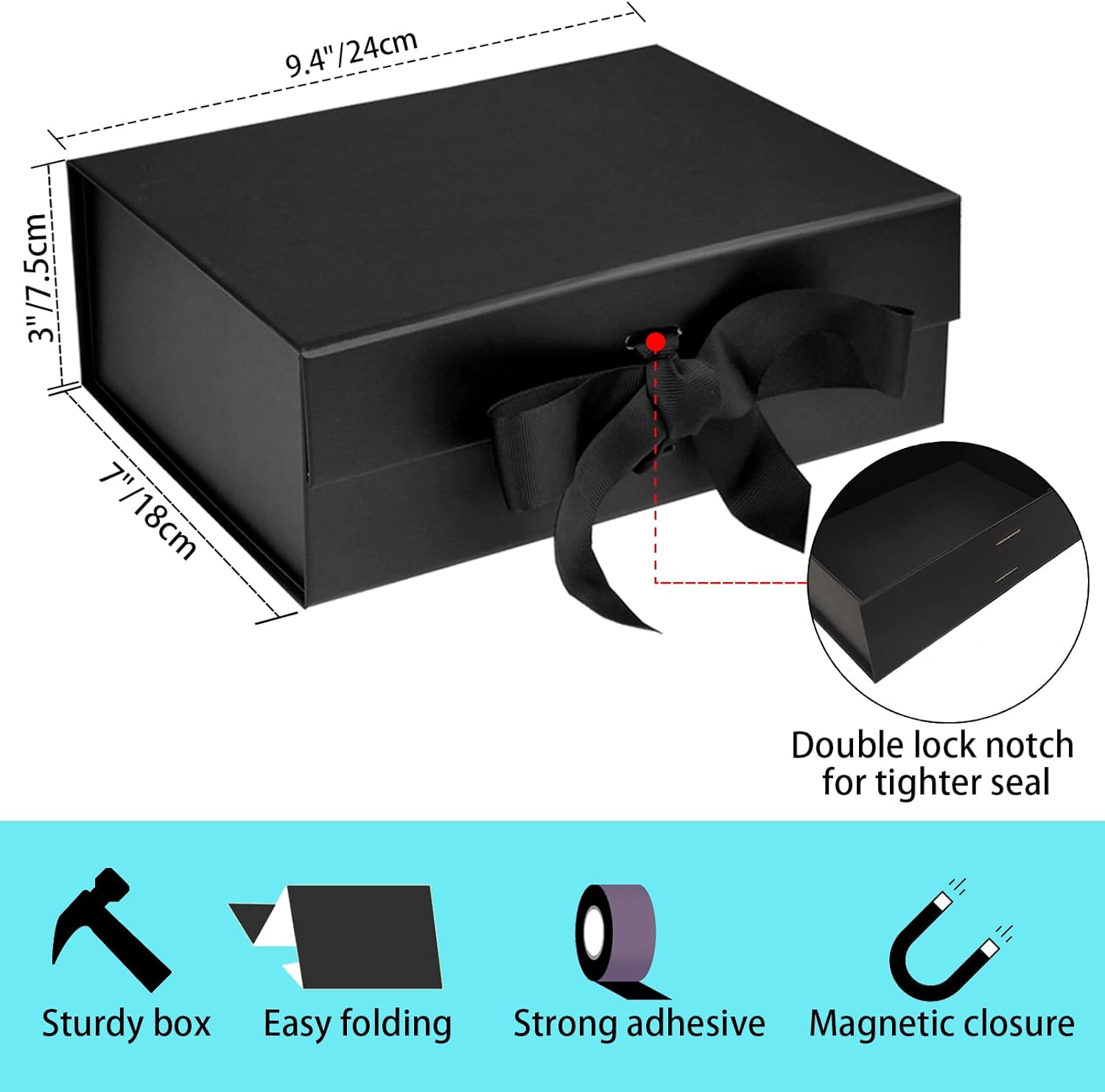 Black Luxury Magnetic Gift Box with Lid, Ribbons and Gift Bag, Medium Size-9.4x7x3 Inches, Great for Christmas, New Year, Wedding, Birthdays, Man โ image 2