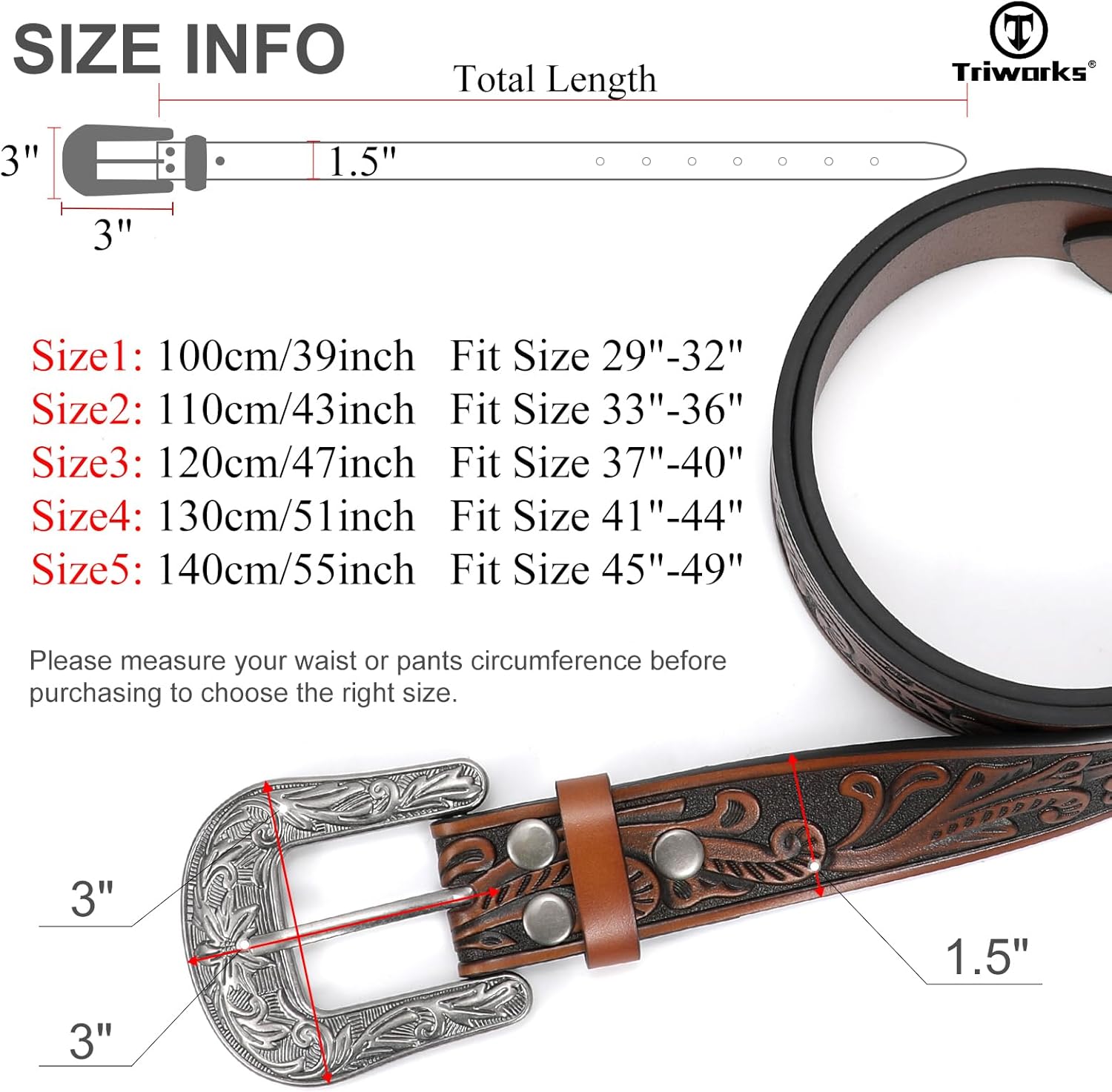 Western Belt for Women Men Cowgirl Cowboy Floral Engraved Tooled Leather Belt with Buckle for Jeans Pants Rodeo โ image 6