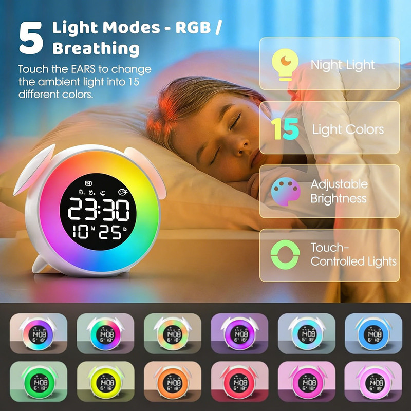 Children's alarm clock, educational day/night alarm clock with 15-color night light, snooze function, 2 alarms, weekday/weekend mode, digital alarm clock for — image 4