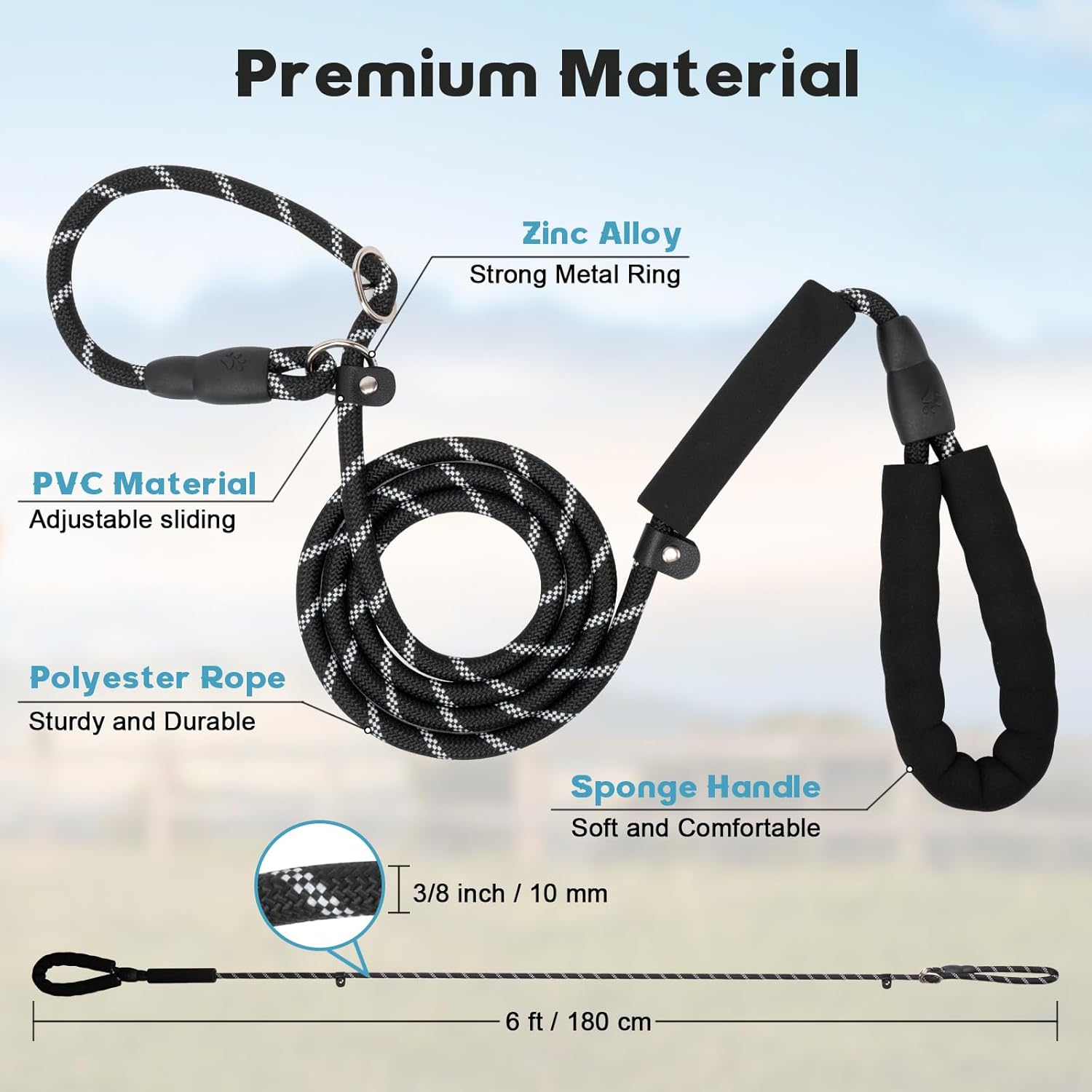 Dog Leash 6 FT with Comfortable Padded Handle, Training Loop Leash with Highly Reflective Threading for Medium Dogs, Black โ image 2