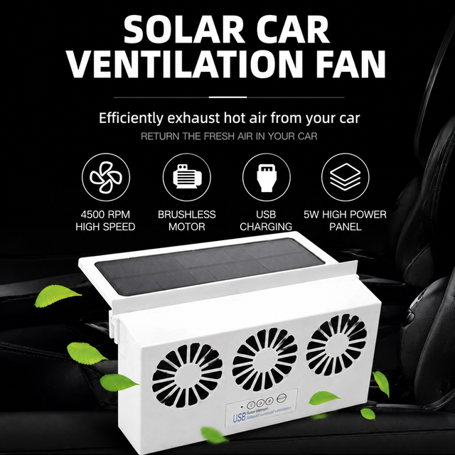 Black Triple Outlet Car Window Ventilation and Exhaust Fan - Solar & USB Plug in, 4500 RPM Air Circulation and Foldable Space Saving, Remove Heat โ image 2