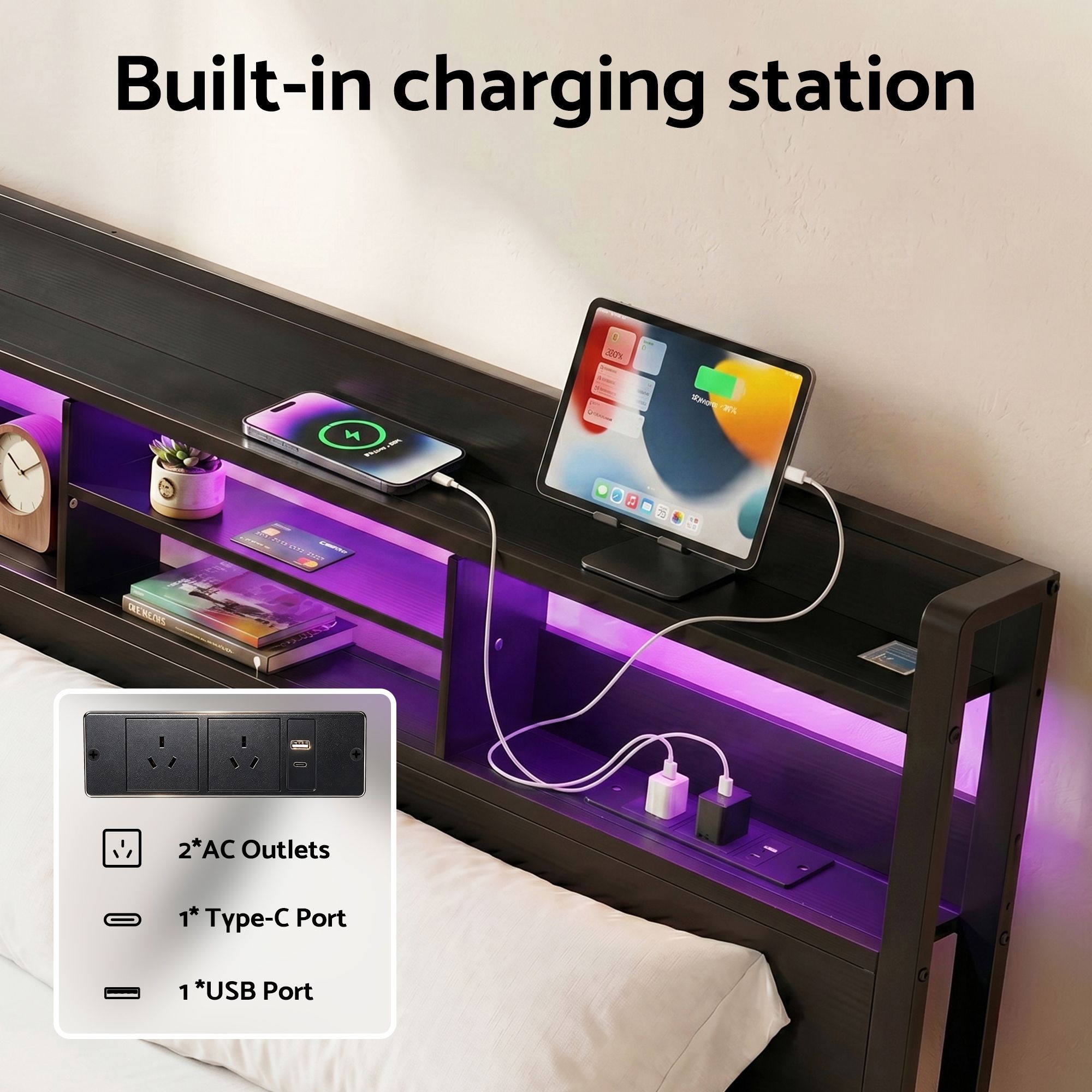 Artiss Bed Frame Double with Charging Station Storage Organizer Drawers LED ZAC โ image 5