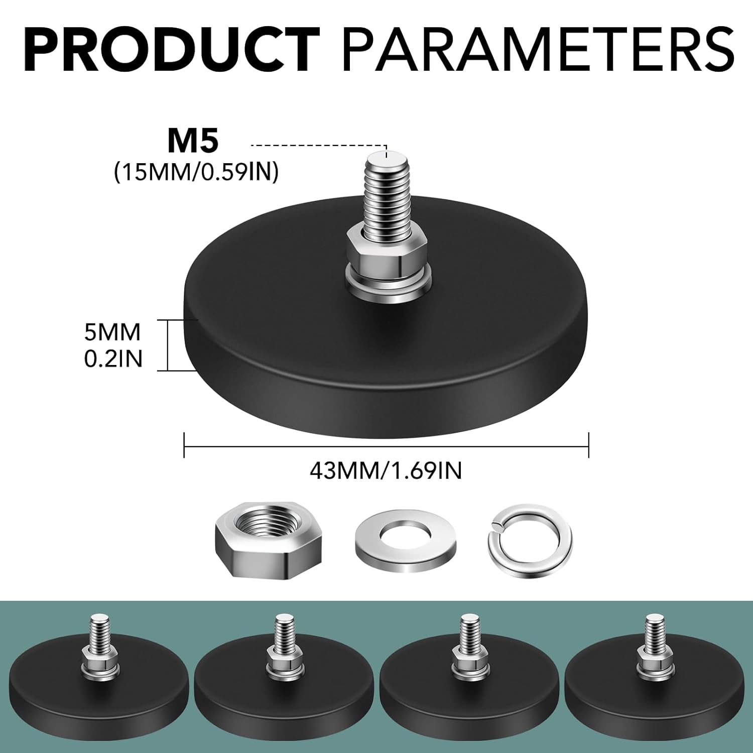 16Pack Rubber Coated Magnets, 30LBS Rubber Coated Neodymium Magnets with M5 Magnetic Assembly Base for Light Bar Mirror Camera Tool(1.69 Inch) â image 2
