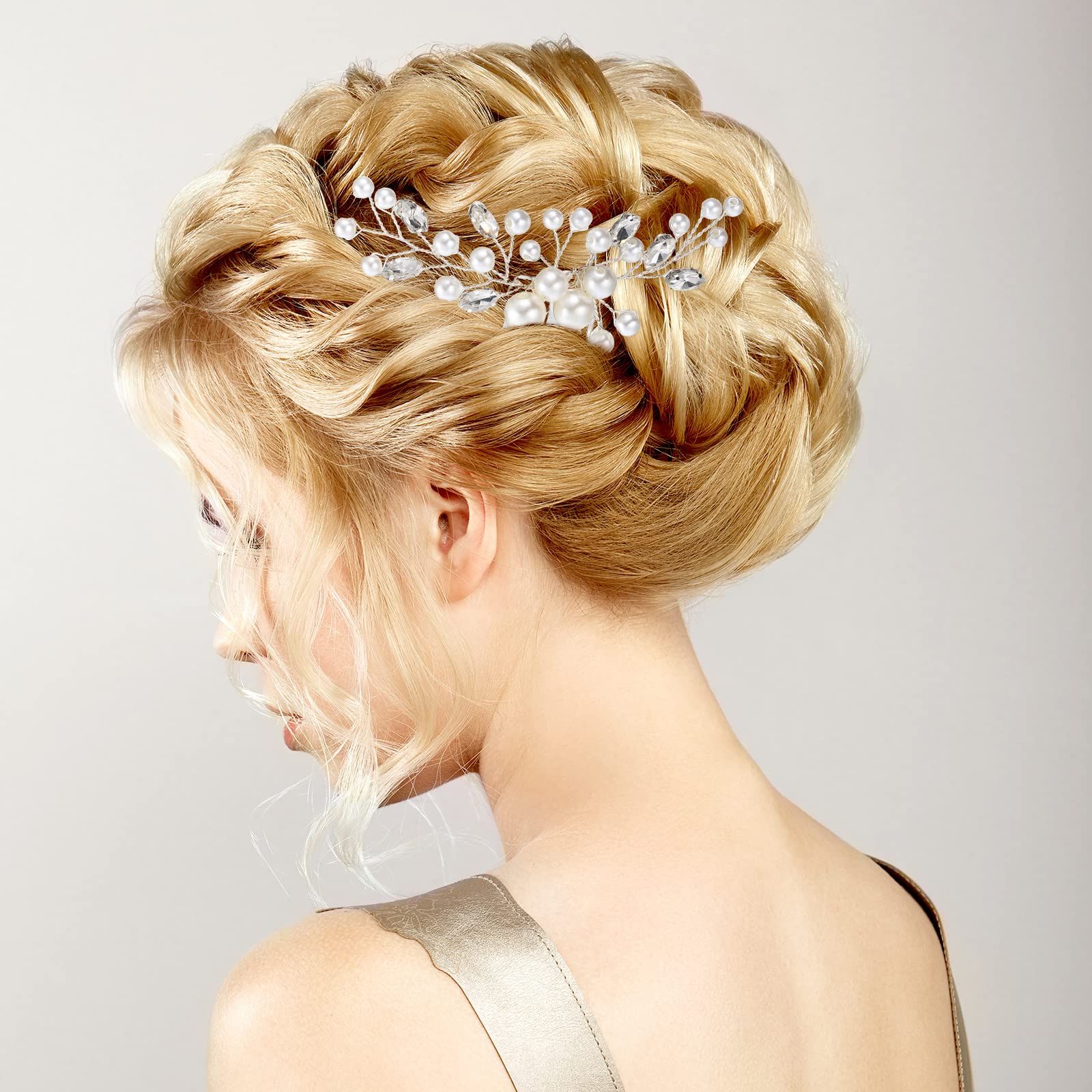2 Pieces Wedding Pearl Hair Comb Bride Pearl Crystal Headpiece Flower Side Combs Hair Clip Bridal Hair Accessories, Silver — image 3