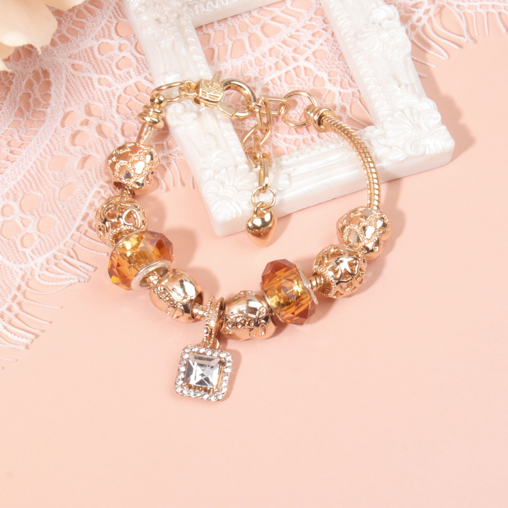 Golden Heart Zircon Hollow Bead Bracelet with Rhinestone Pendant(21cm) โ image 6