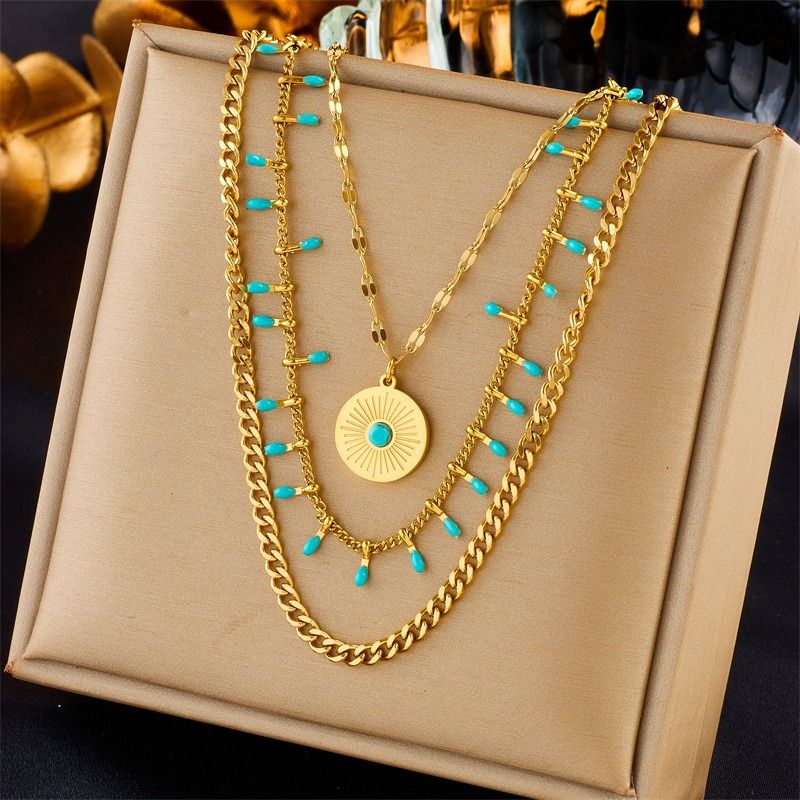 Bohemian-Style Three-Tier Turquoise Necklace with 18K Gold-Plated Titanium Collar Chain — image 2