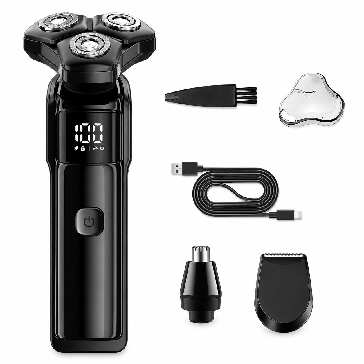Men's 3-Head Electric Rotary Shaver Upgraded Set - Type-C Rechargeable LCD Grooming Kit for Beard, Nose Hair, Sideburns, Home and Travel Use