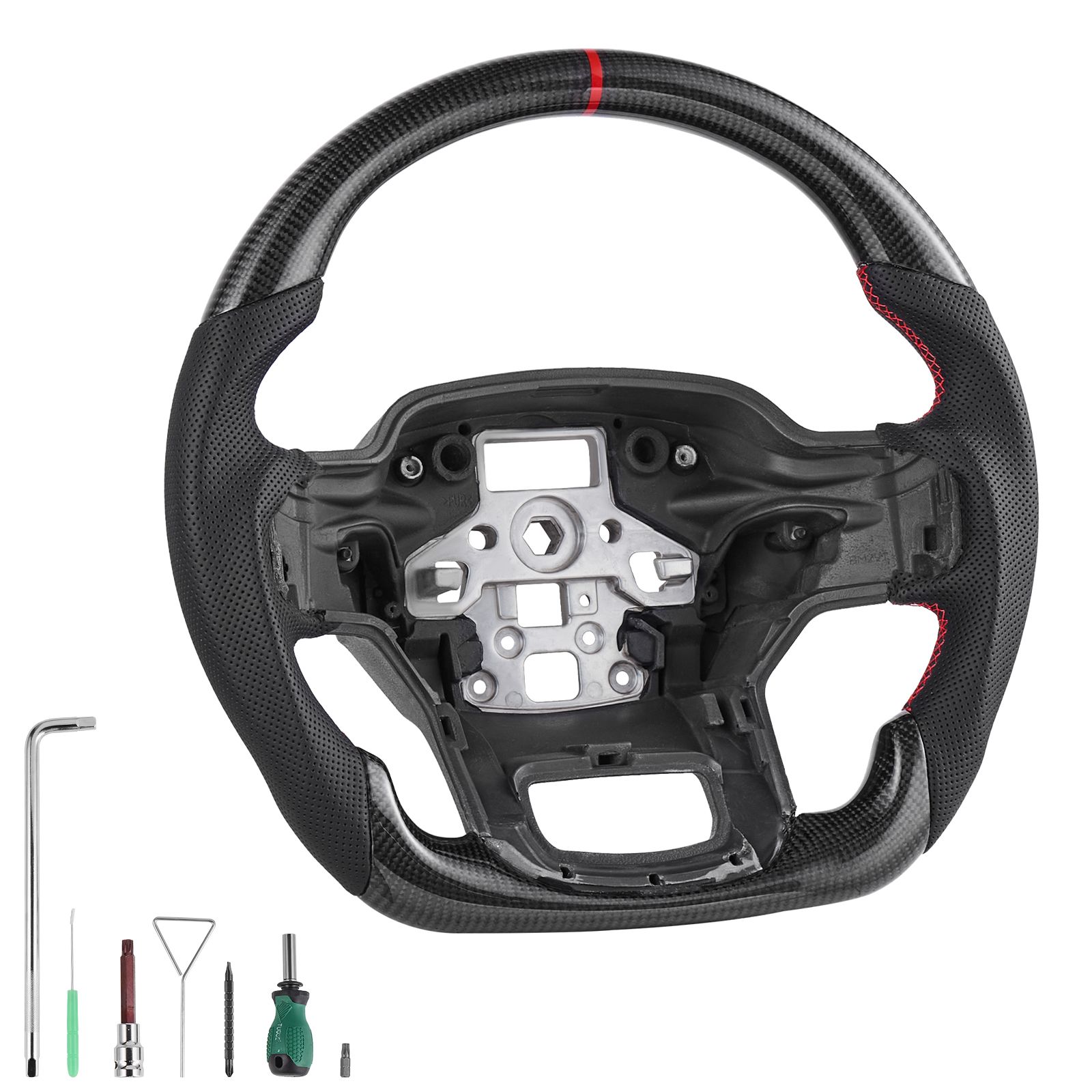 Steering Wheel for 2021-2024 Ford F150, Carbon Fiber Steering Wheel D-Shaped Flat-Bottom, Leather Grip with Non-Slip Texture & Precise Stitching, Accessories