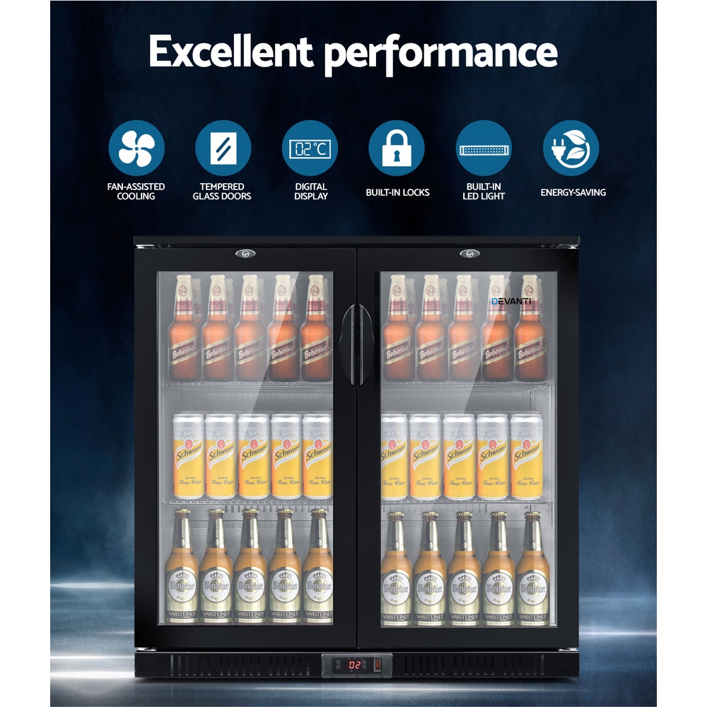 Devanti 198L Bar Fridge Dual Glass Door w/Light Black — image 2