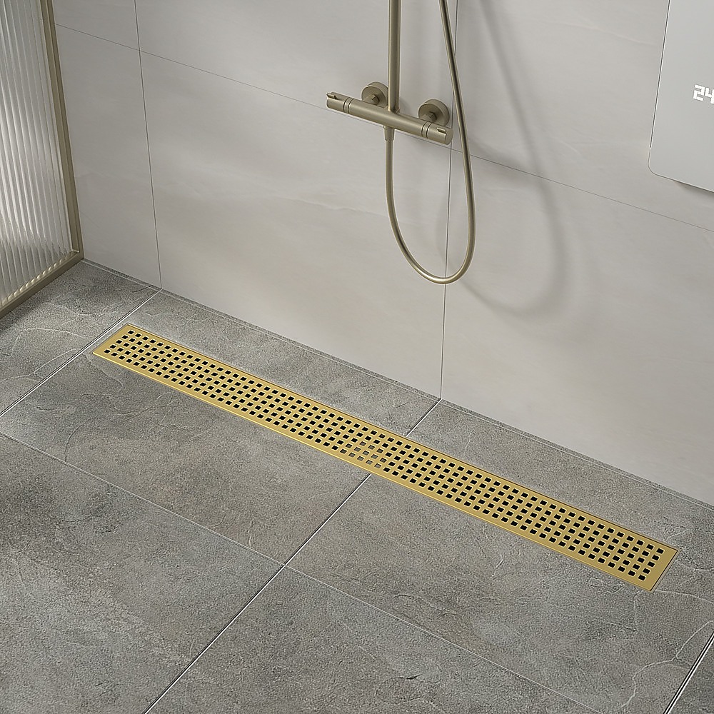 1200mm Bathroom Shower Brushed Brass Grate Drain w/ Centre outlet Floor Waste Square Pattern — image 2