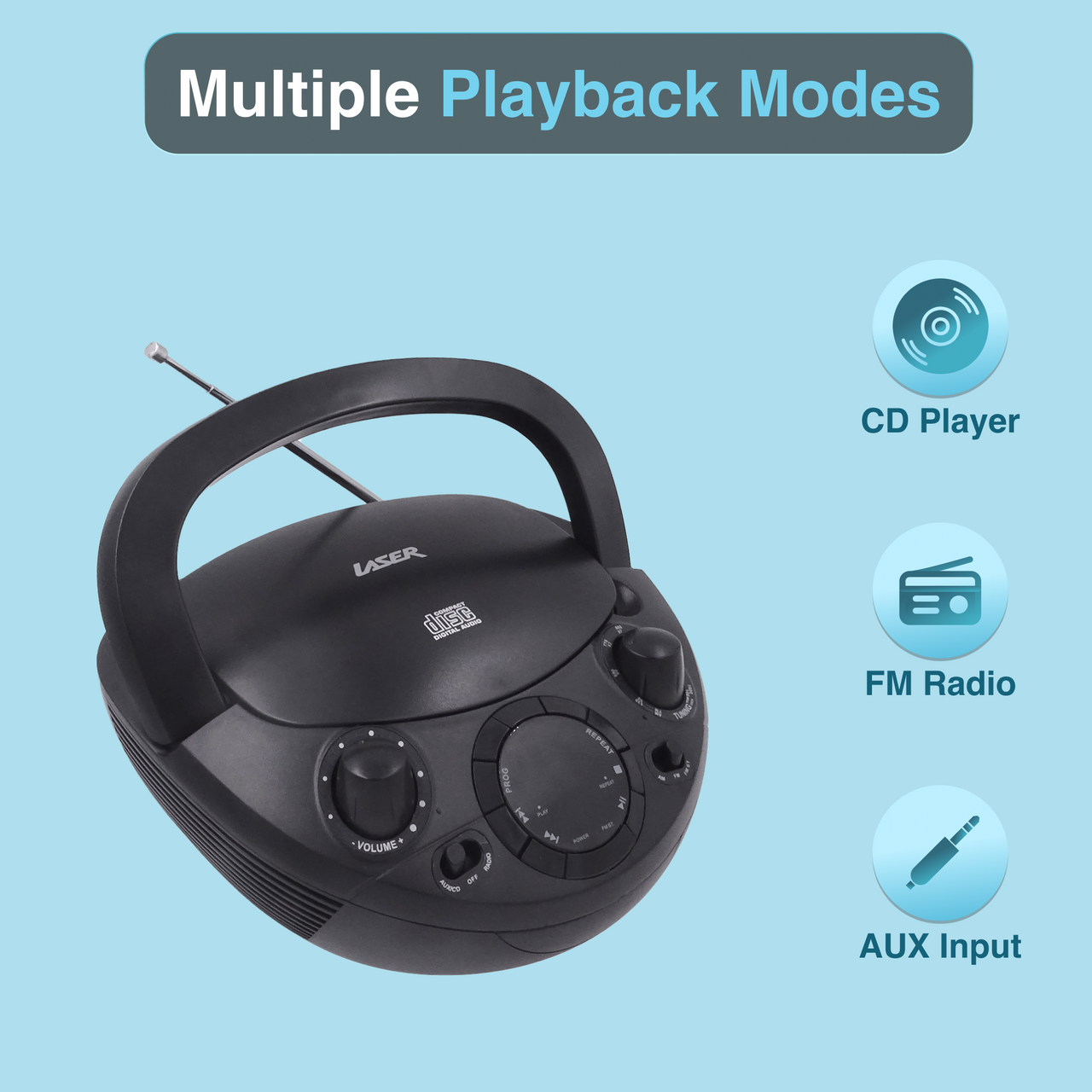 Laser Black Portable CD Boombox with AM/FM Radio — image 2