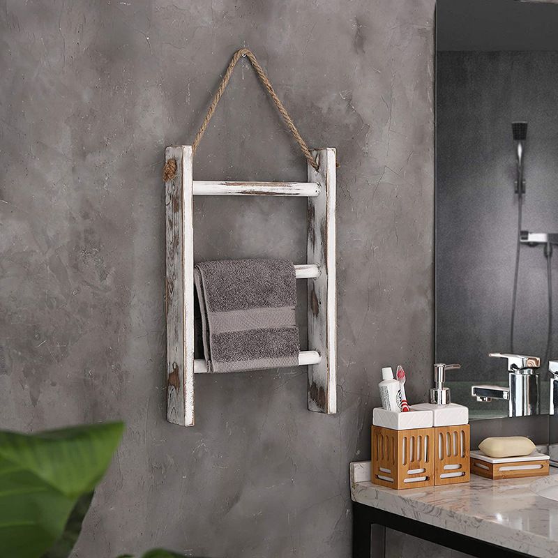 Solid Wood Wall Hanging Hand Towel Ladder Drying Rack, 3 Tier Bathroom Washcloth Hand Towel Storage Rack with Hanger Rope — image 3