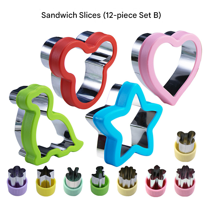 Stainless Steel Food Cutter Set โ 12-Piece, Multi-Shape, with PP Press Cover for Sandwich, Cookie, Fruit and Vegetable Use(B)