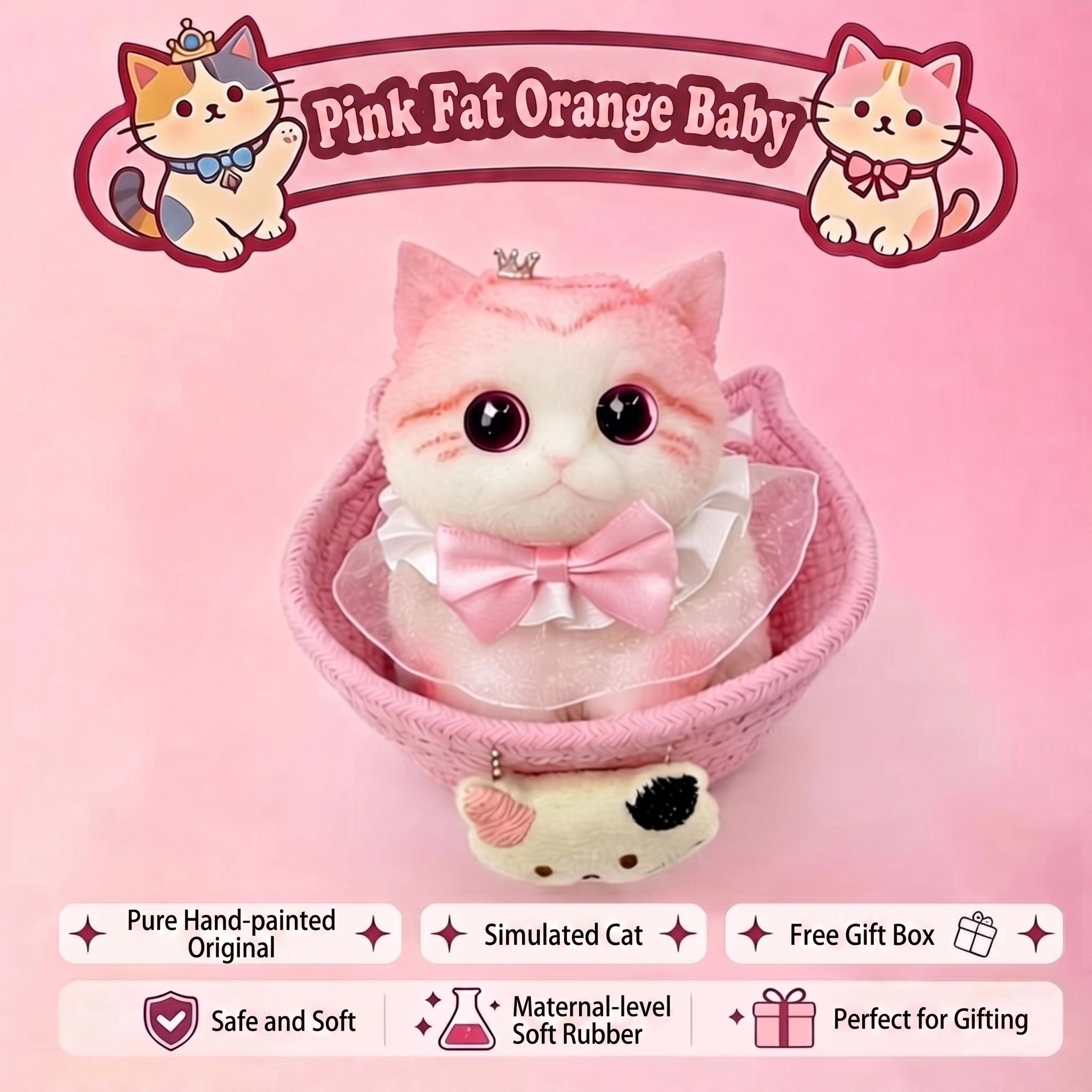 Fat Cat Squishy Toy, Lifelike Cat Plush Doll, Original Hand-Painted Design, (Kitten + Accessories + Cat Bed)/Pink orange fat baby