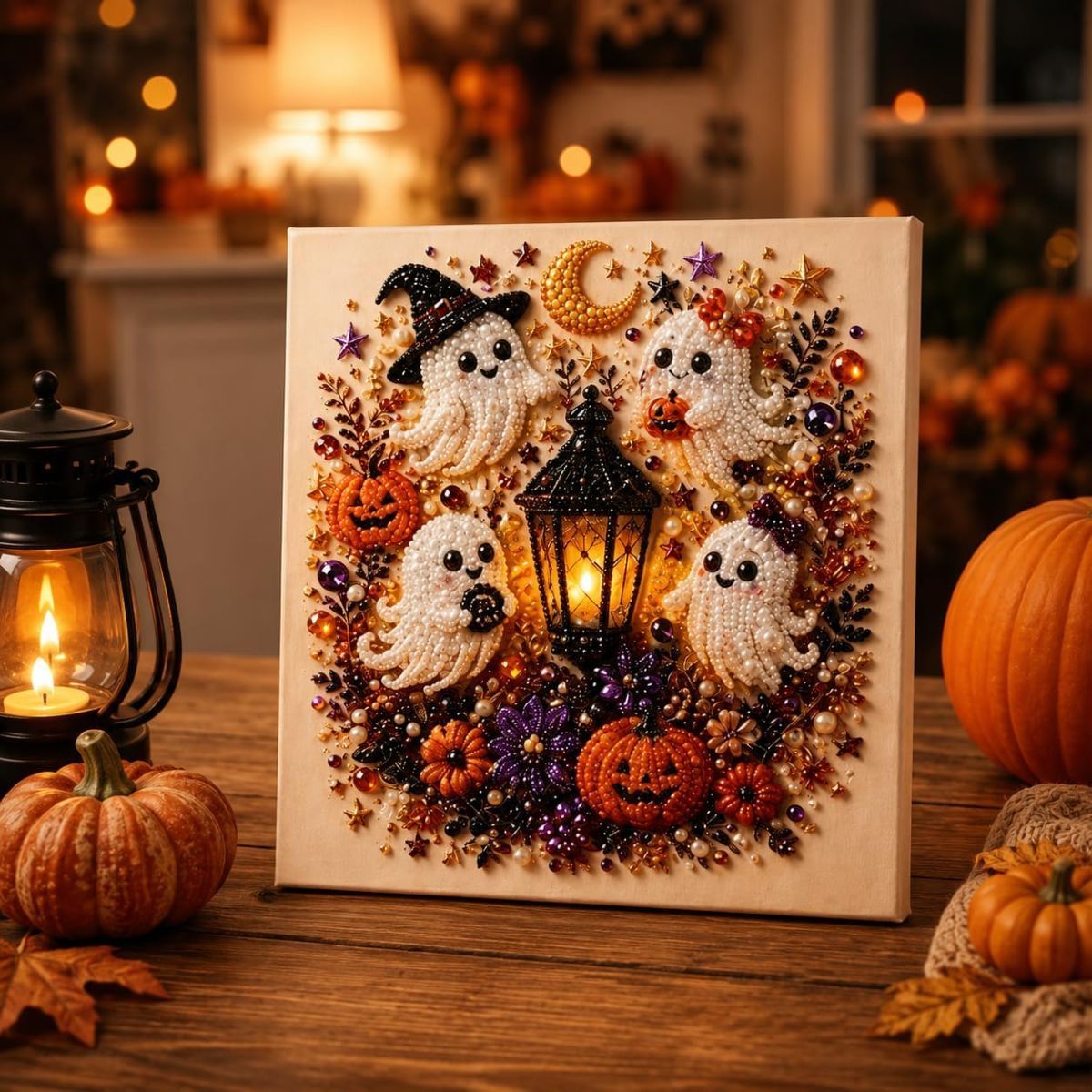 Halloween Pearl Diamond Painting Art Kit with Frame, Spooky Cute 3D DIY Pearl Beads Art Craft for Adults, DIY Fall Home Decor Wall Art, Beginner DIY Seasonal