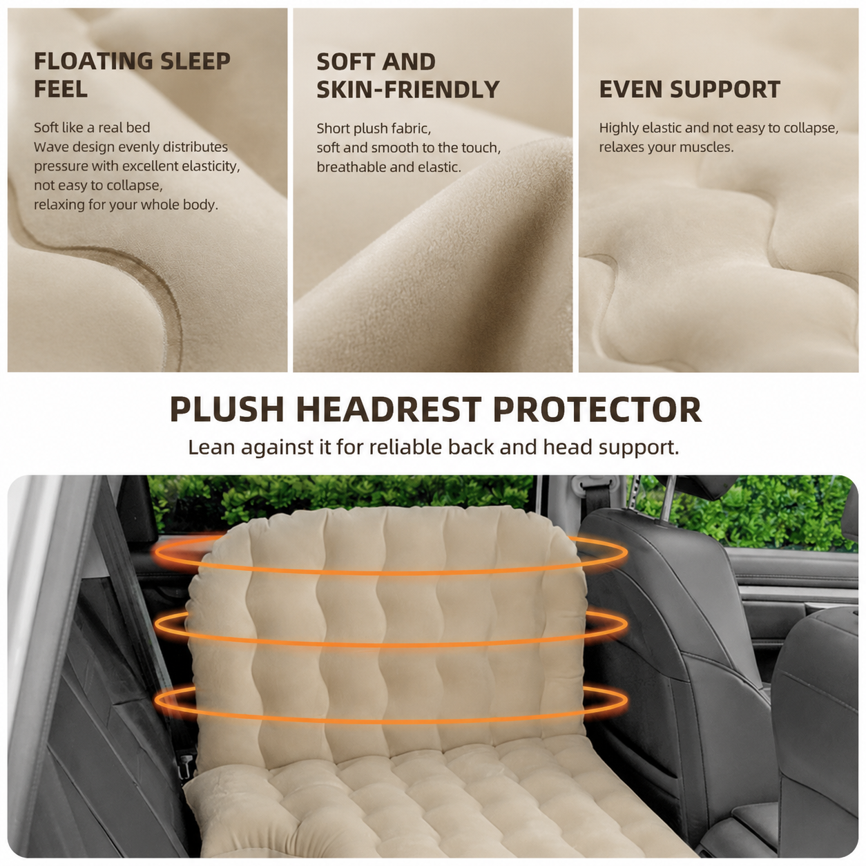 Black Large Inflatable Universal Car Air Mattress with 2 Pillows, Pump and Storage Bag - Dual Zone Split Bed Soft Flocked Camping Travel Bed Integrated Head / โ image 3