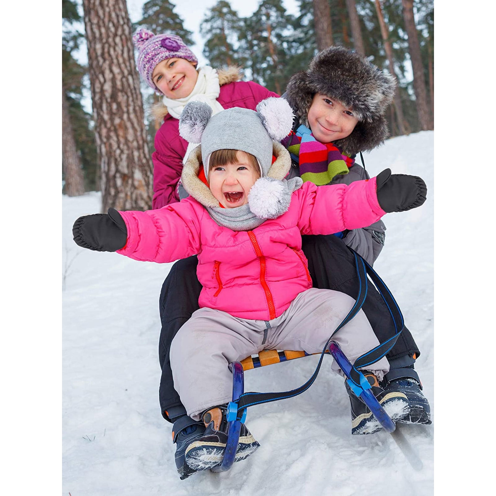 2 Pairs Kids Winter Snow Mittens, Waterproof Warm Stretchy Gloves for Boys and Girls, Ages 6-11, Black and Purple β image 4