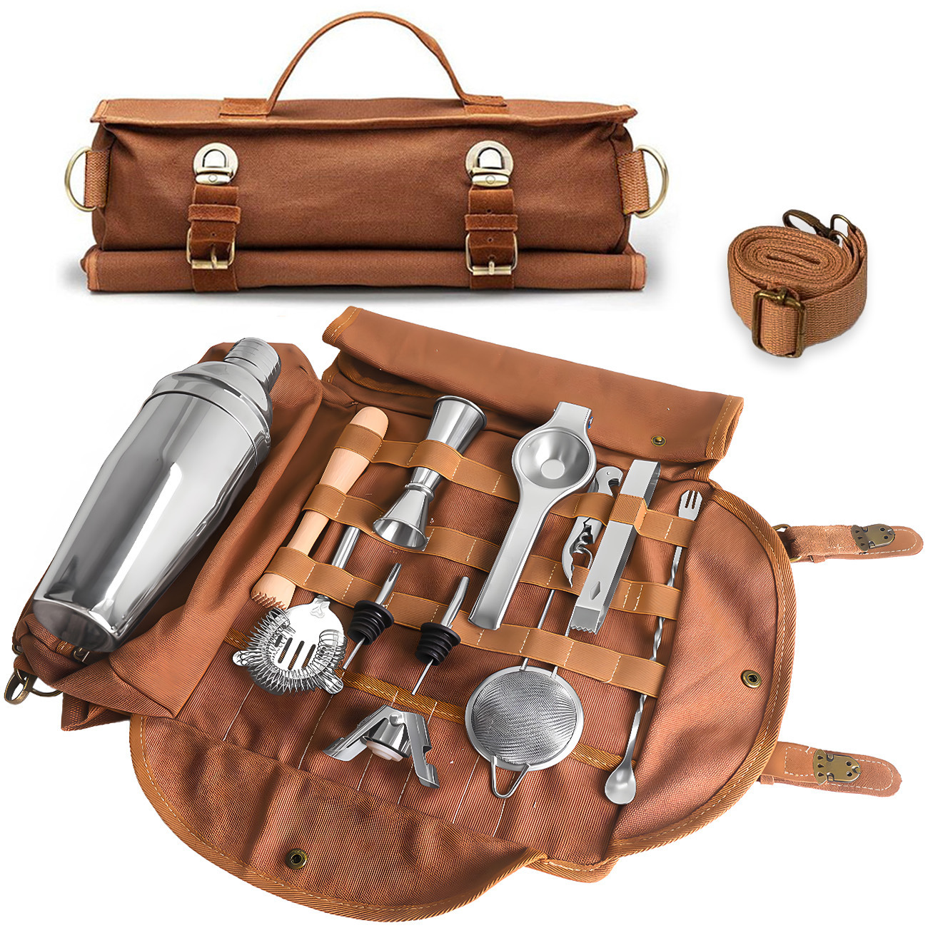 Brown Professional Bartender Kit Travel Bag - Durable Canvas Tool Organizer and Bar Briefcase with Metal Buckles (45 × 35cm)