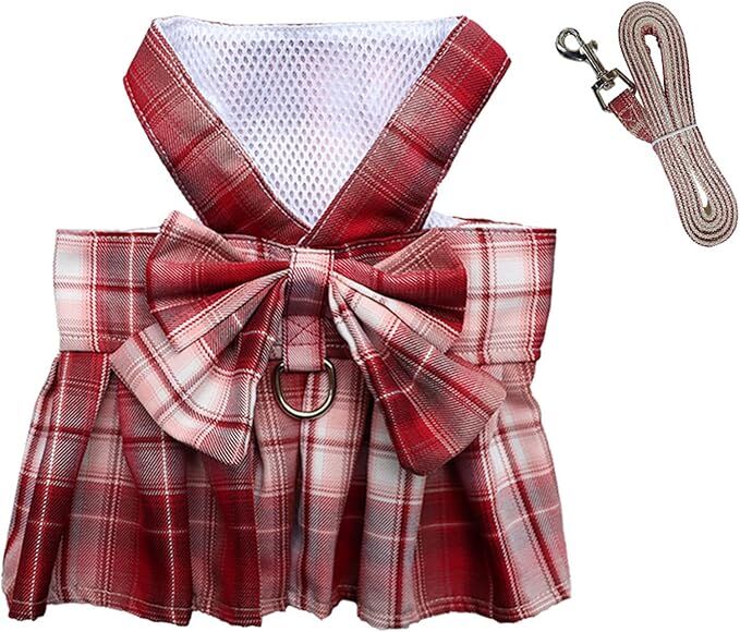 pet products Dog Dress Bowknot Harness Leash Set for Small Dogs Girl Cute Plaid Dog Dress Pearls Bow Tie Spring Summer Princess Clothes Birthday — image 3