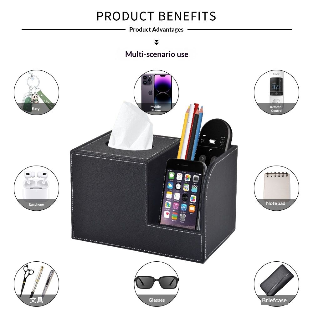 PU Leather Tissue Box Cover with Remote Control Holder, Square Tissue Box Holder for Living Room Bathroom Office (black,only box) — image 4