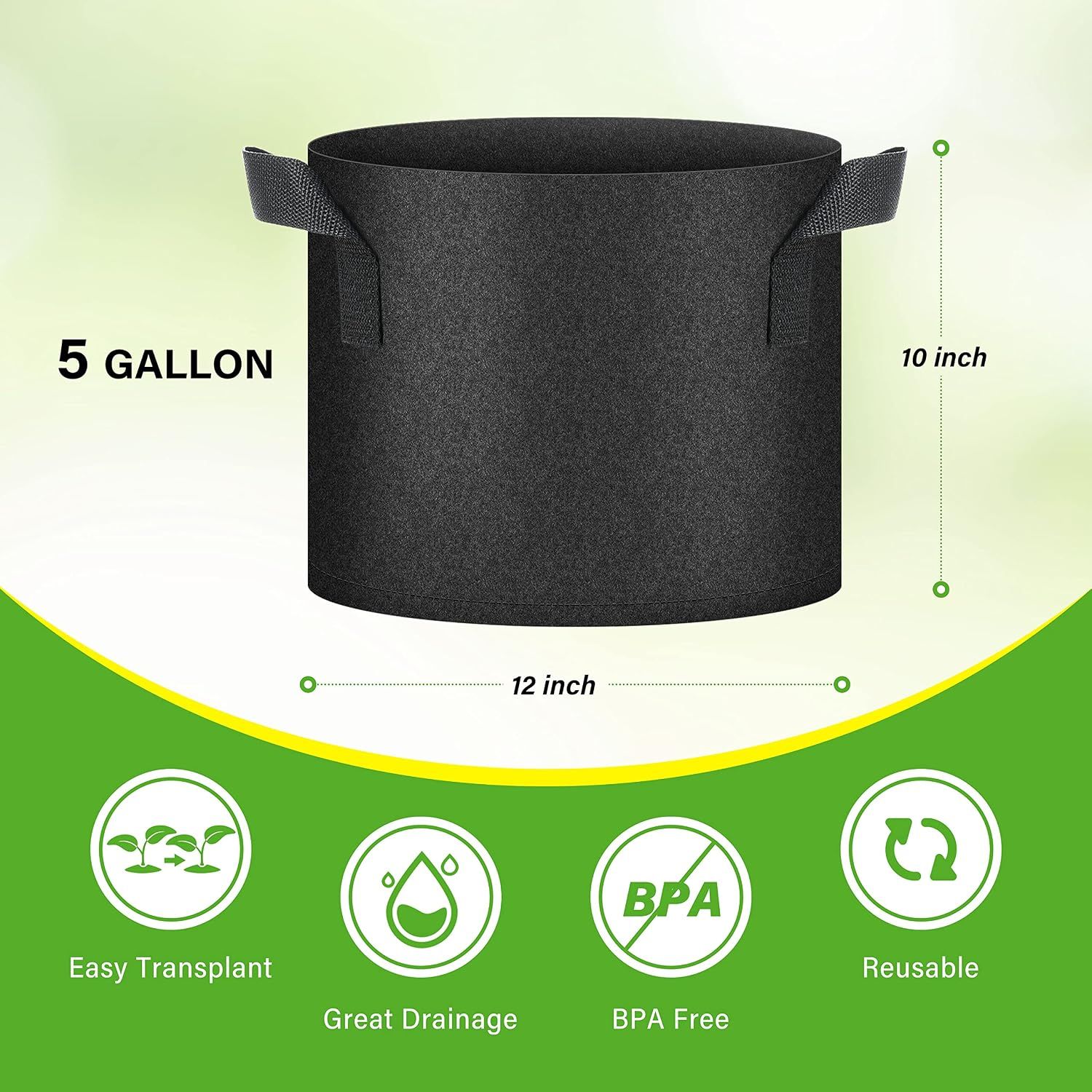 HealSmart 6-Pack 5 Gallon Nonwoven Grow Bags - Aeration Fabric Pots with Handles for Garden Fruits Vegetables Flowers - Black โ image 2