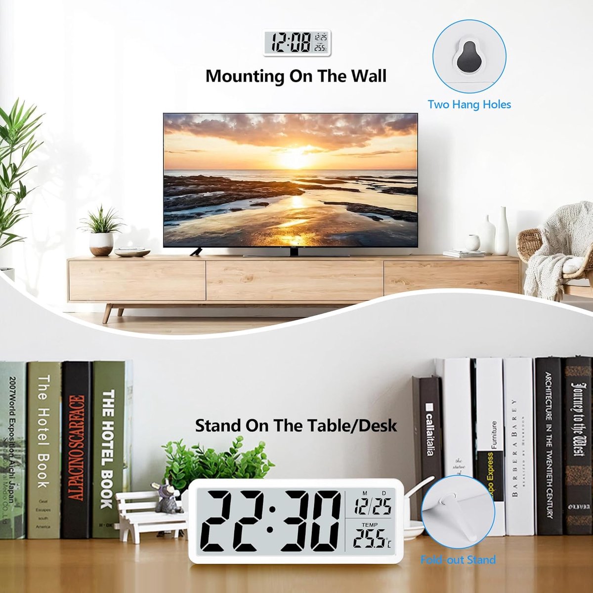 Battery-operated digital wall clock with large numbers, temperature display, 12/24 hour format for office, living room, bedroom, school — image 4