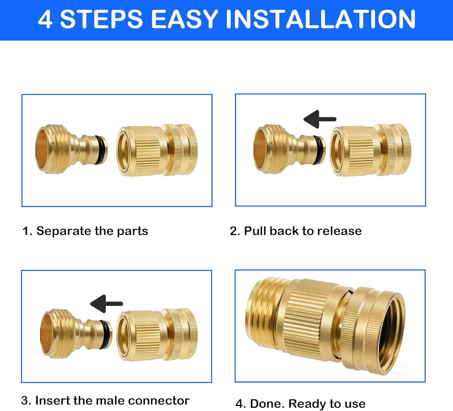 Garden Hose Quick Connector, Solid Brass 3/4 Inch GHT Thread Garden Quick Connect Kit, Male and Female No-Leak Water Hose Fittings (4 Set) โ image 5